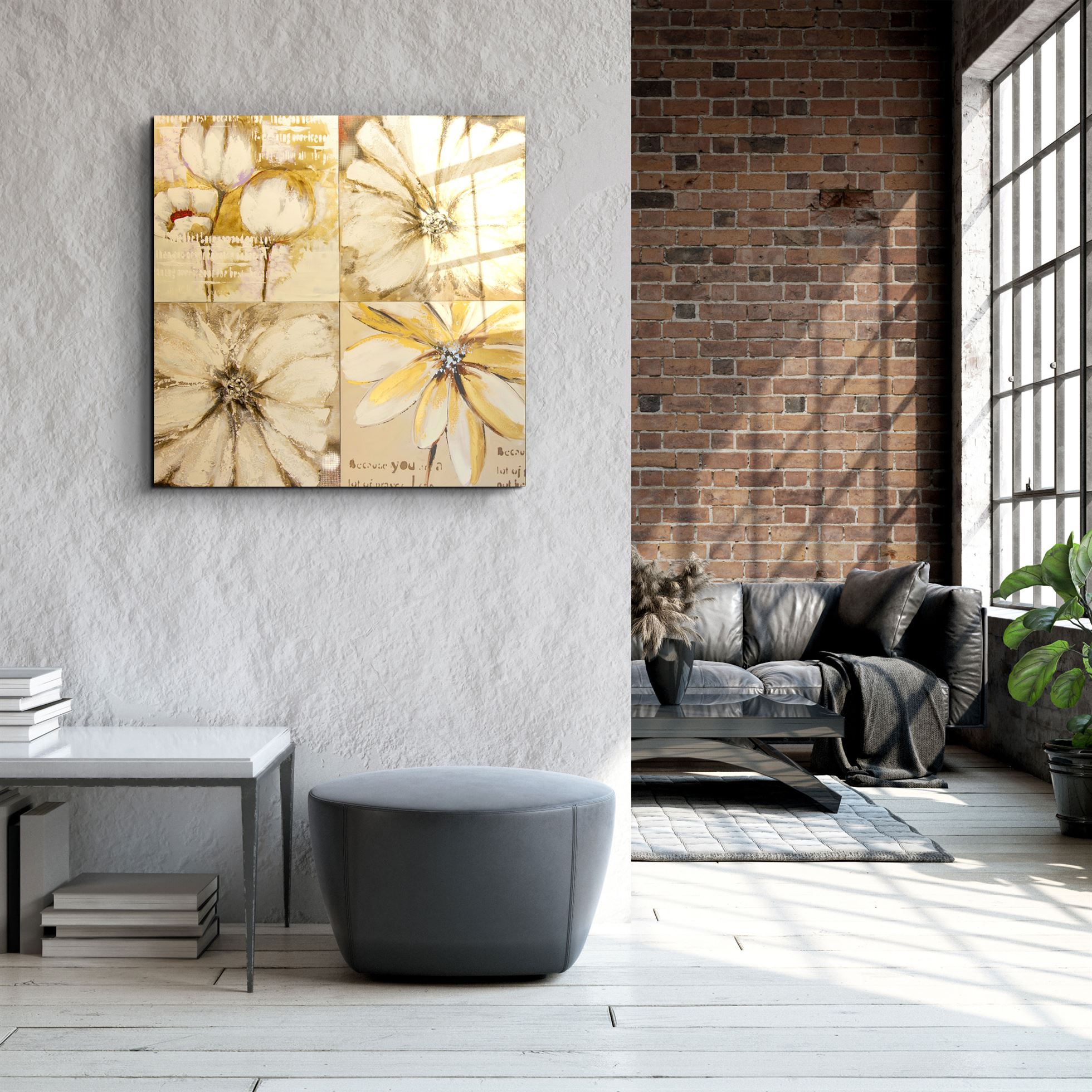 ・"Abstract Yellow Flowers"・Glass Wall Art