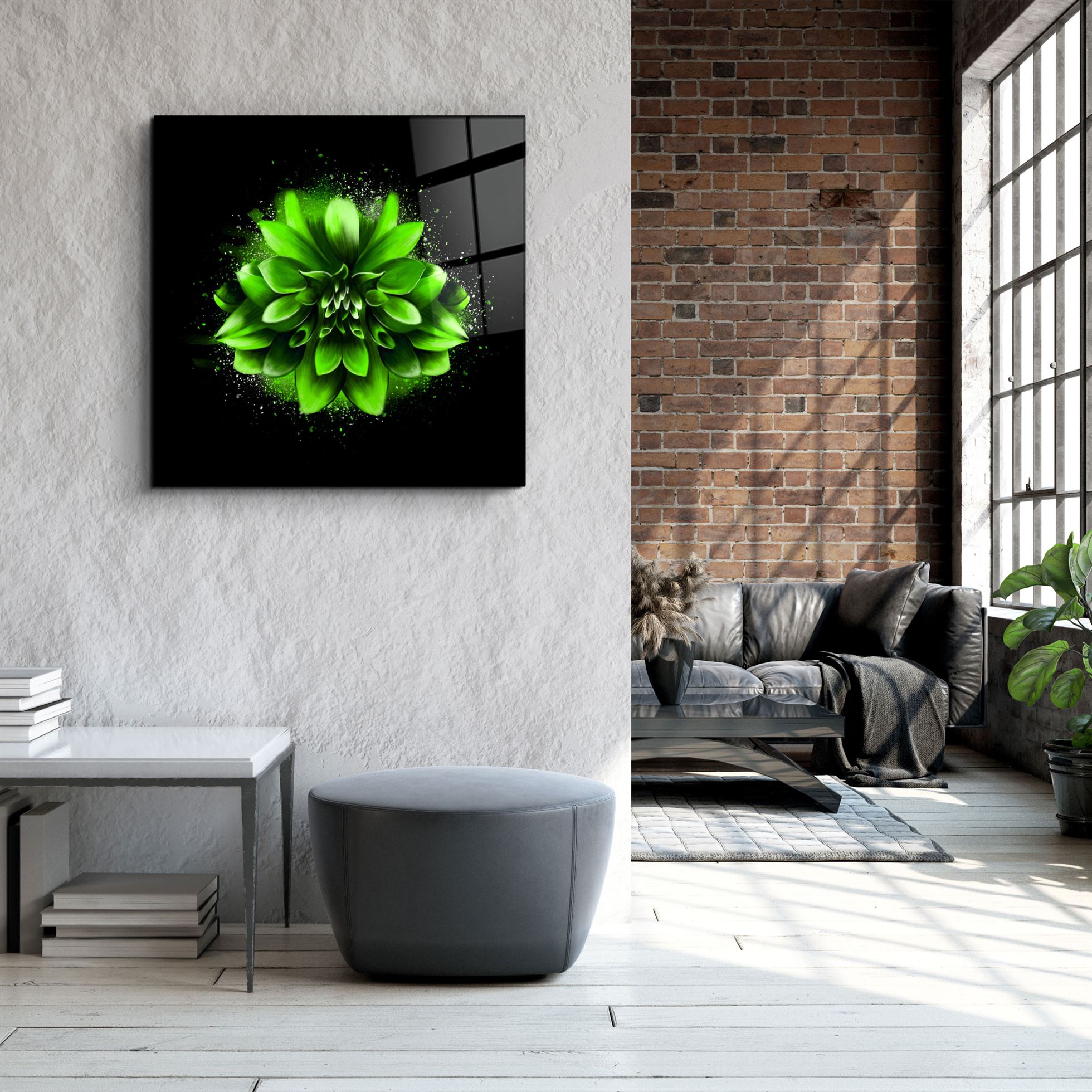 ・"Green Flower"・Glass Wall Art