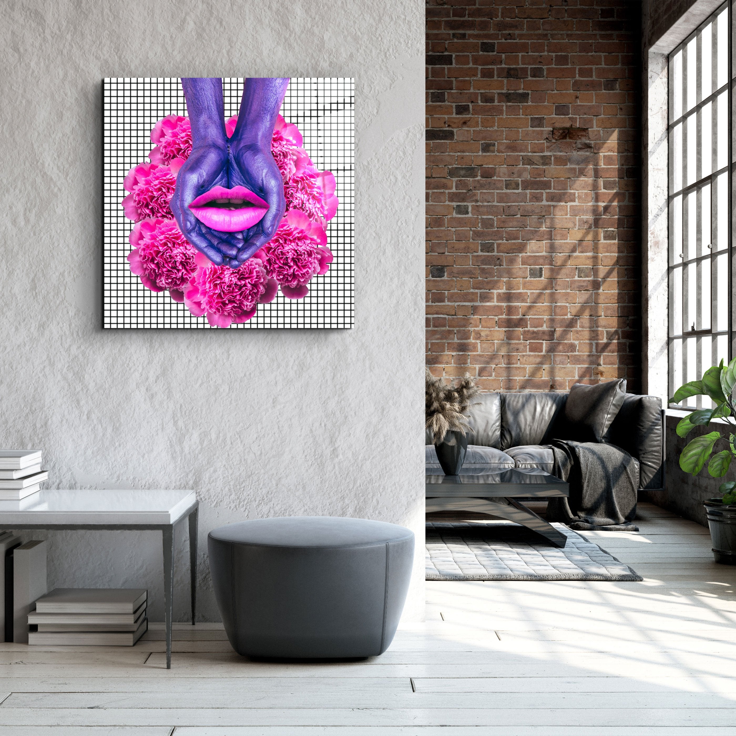 ・"Pink Flowers and Lips"・Glass Wall Art