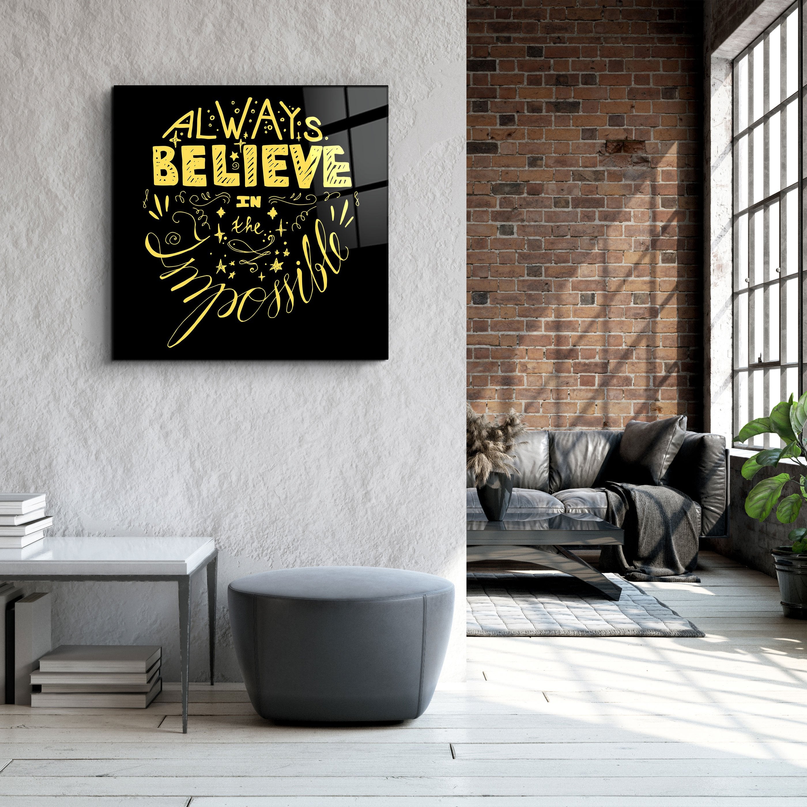 ・"Always Believe in the Impossible-Yellow"・Glass Wall Art