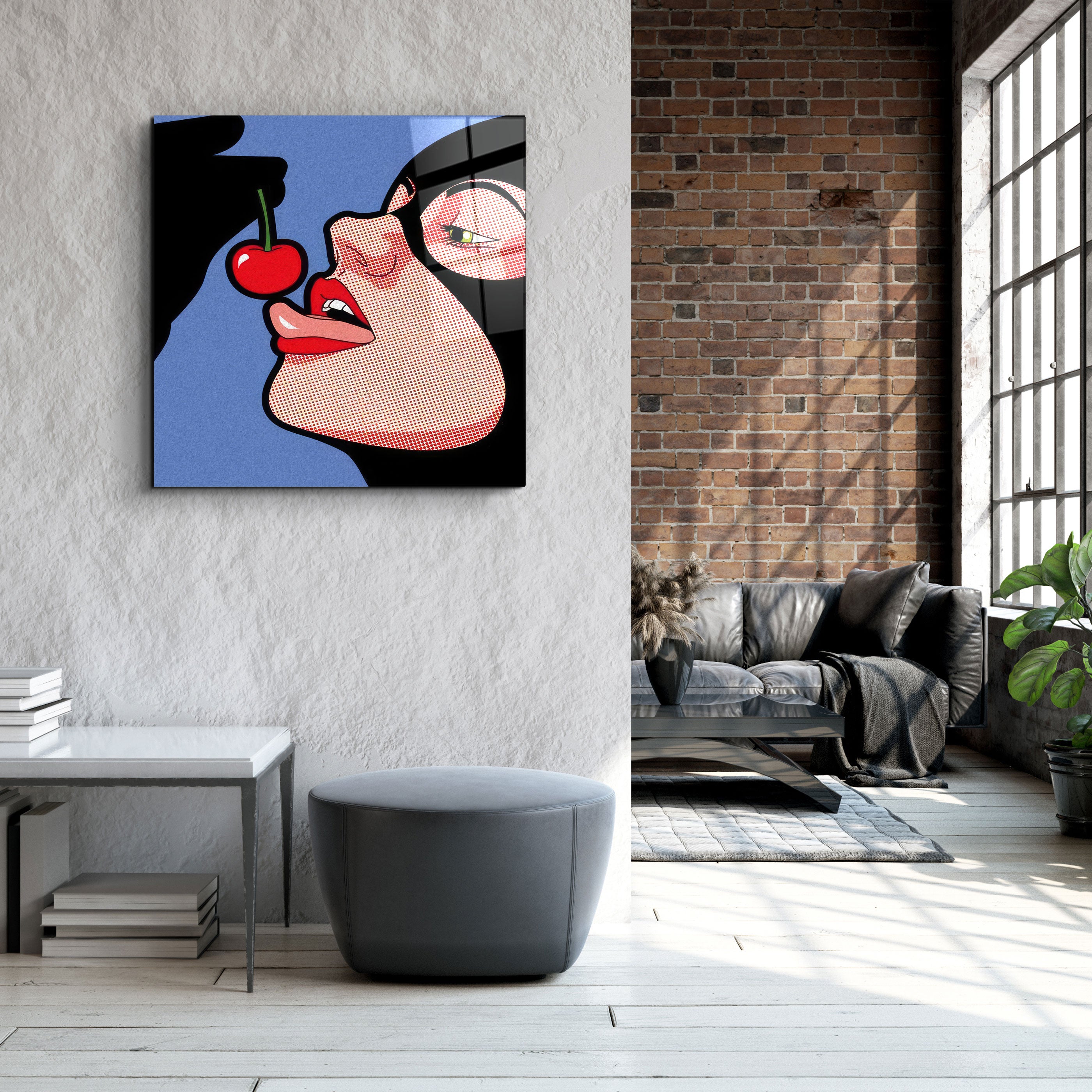 ."Cat Woman & Cherry". Designer's Collection Glass Wall Art