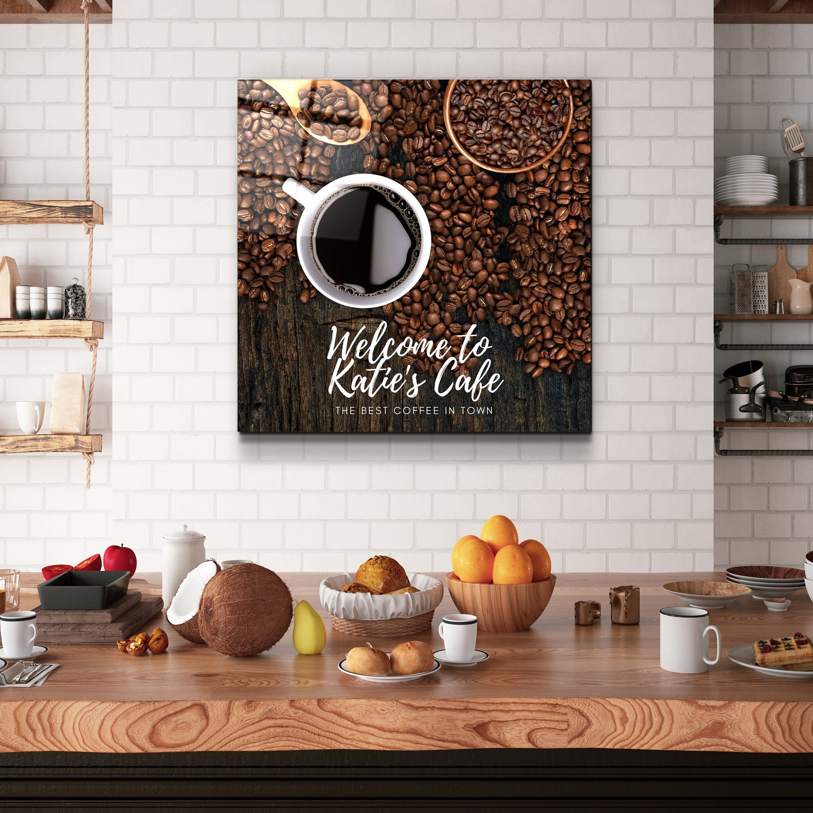 . "Impression personnalisée". Votre café - Art mural en verre de cuisine