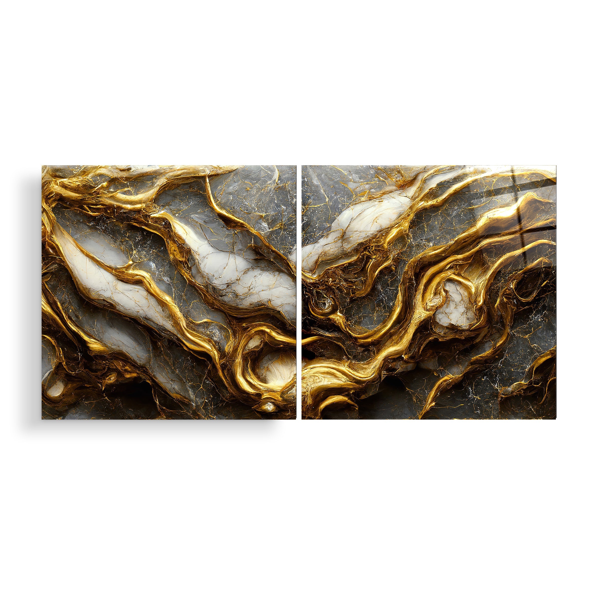・"Golden Roots in the Marble - Duo"・Glass Wall Art