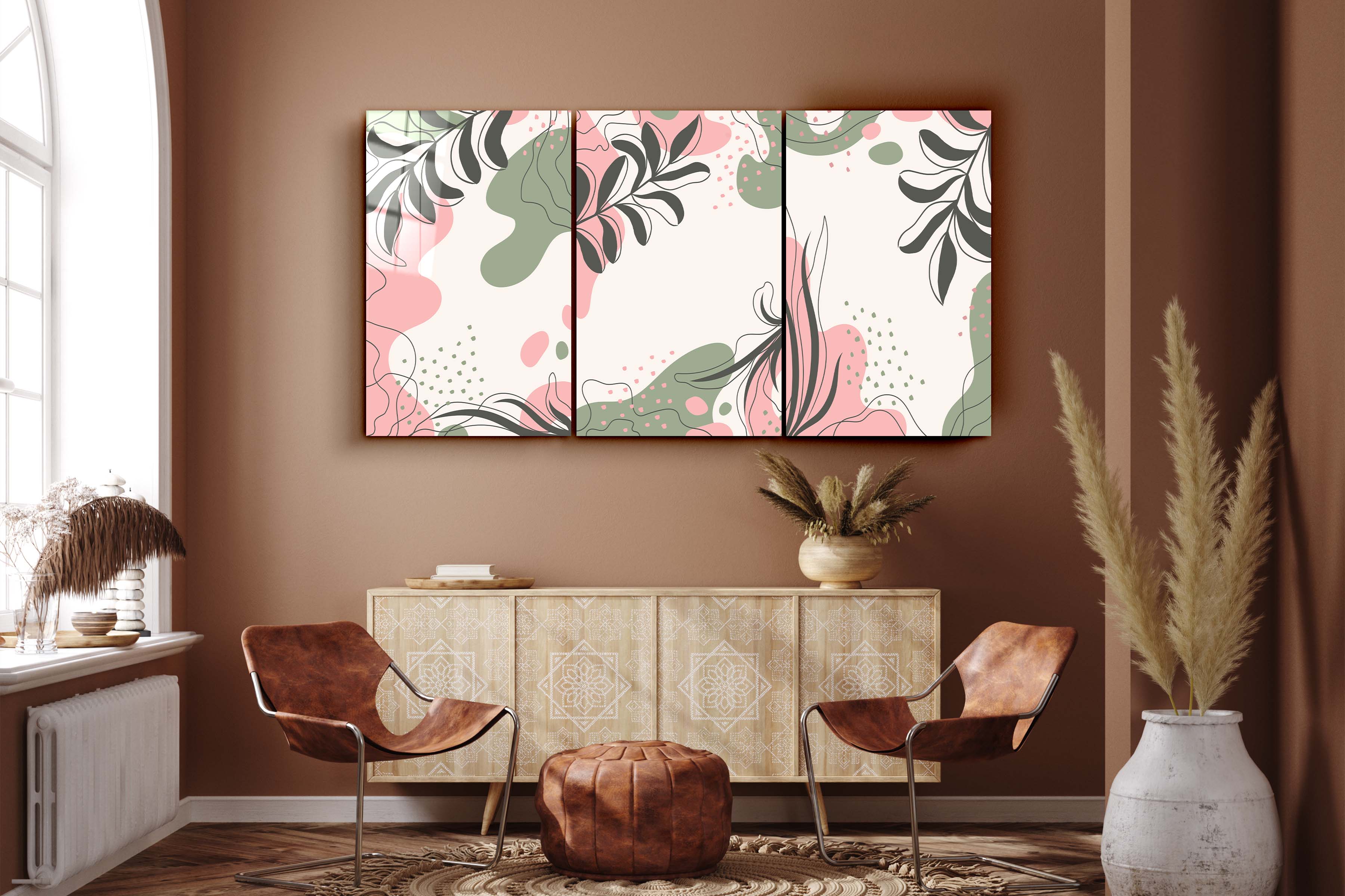 ・"Pastel Leaves - Trio"・Glass Wall Art