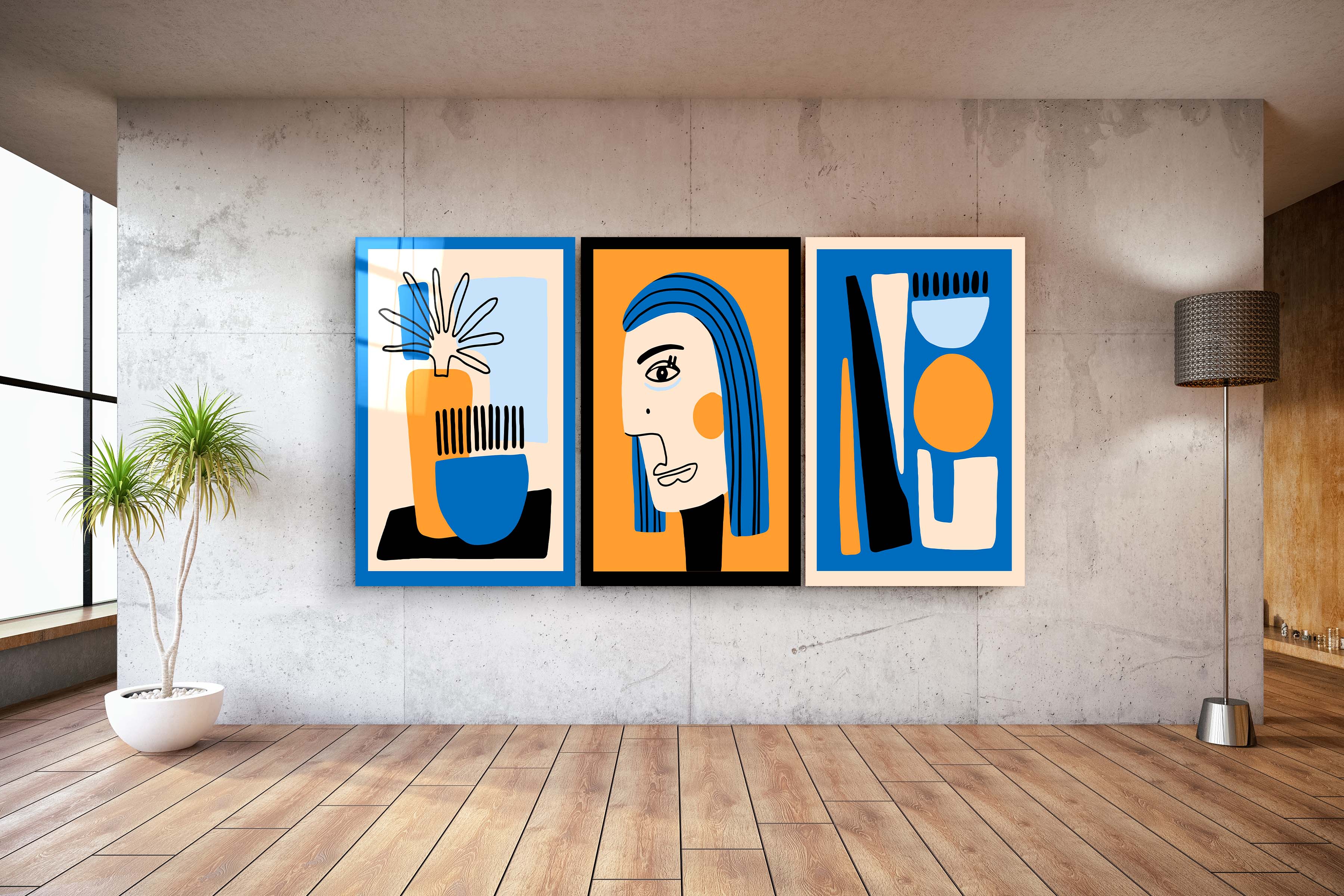 ・"Picasso Style Abstract - Trio"・Glass Wall Art