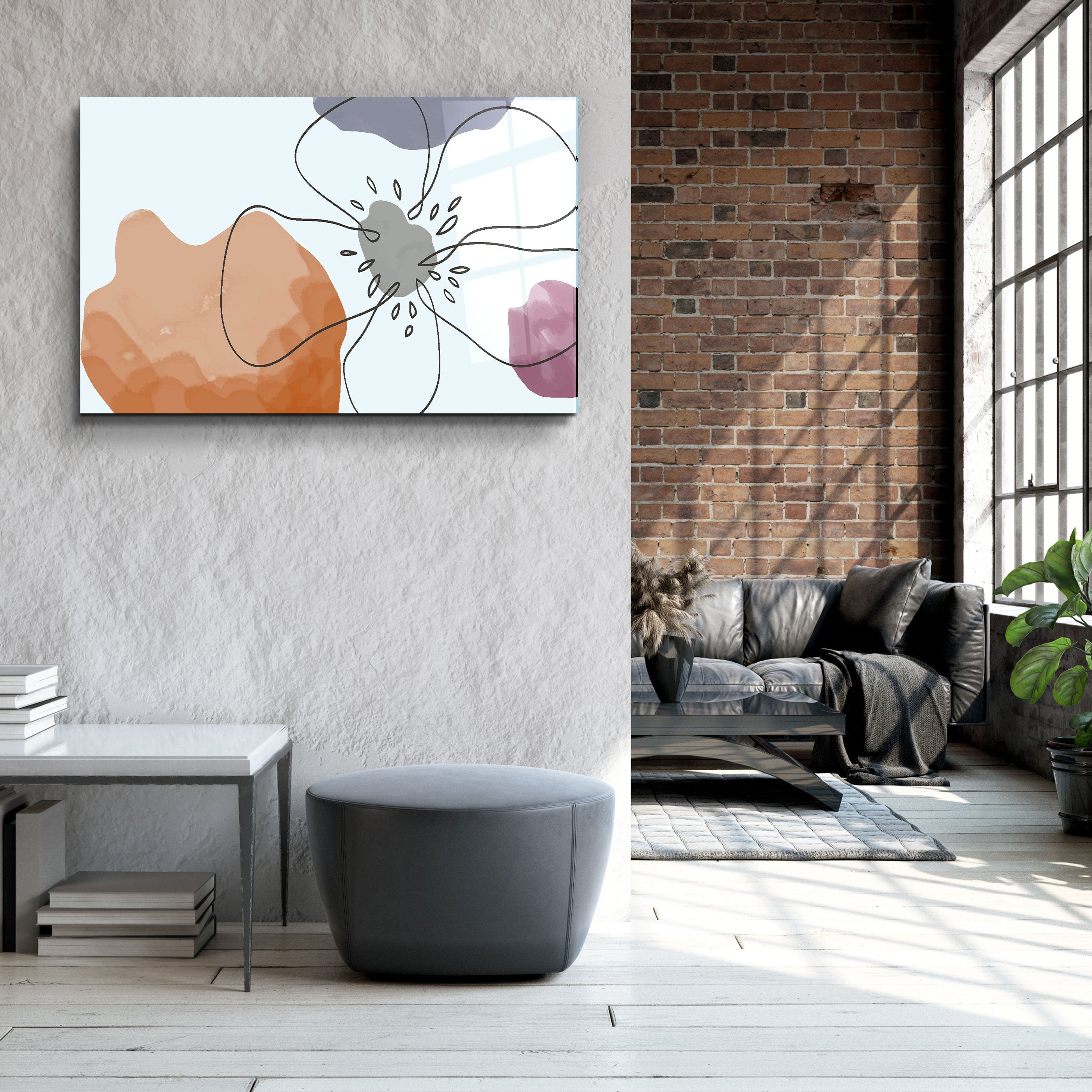 ・"Abstract Shapes and Flower"・Glass Wall Art