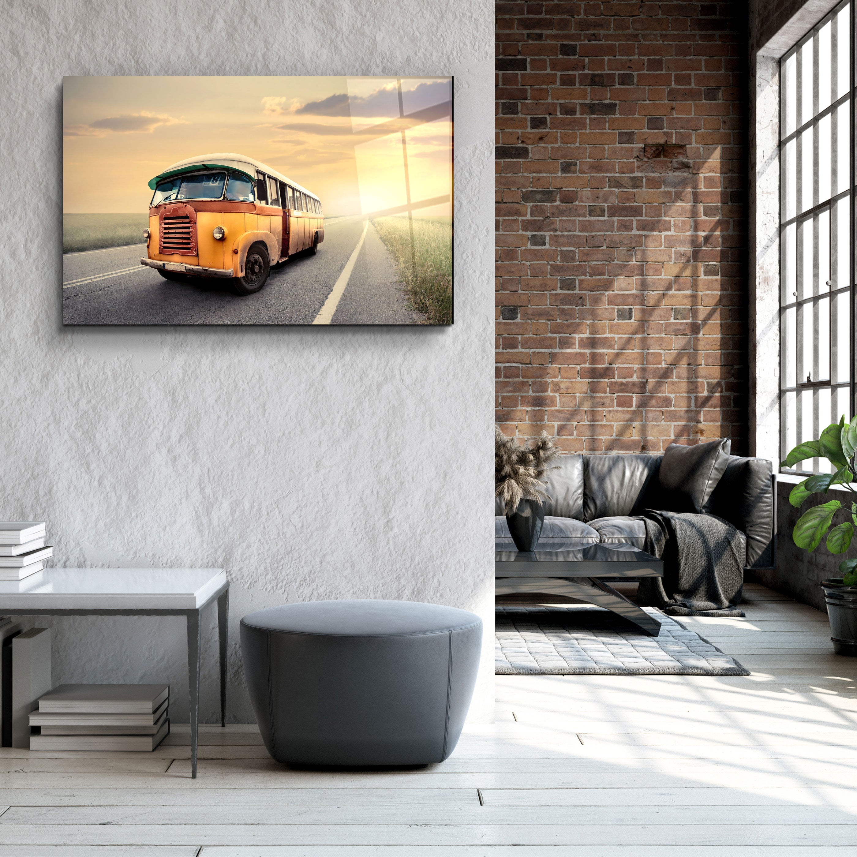 ・"Le bus vintage avec coucher de soleil"・Art mural en verre