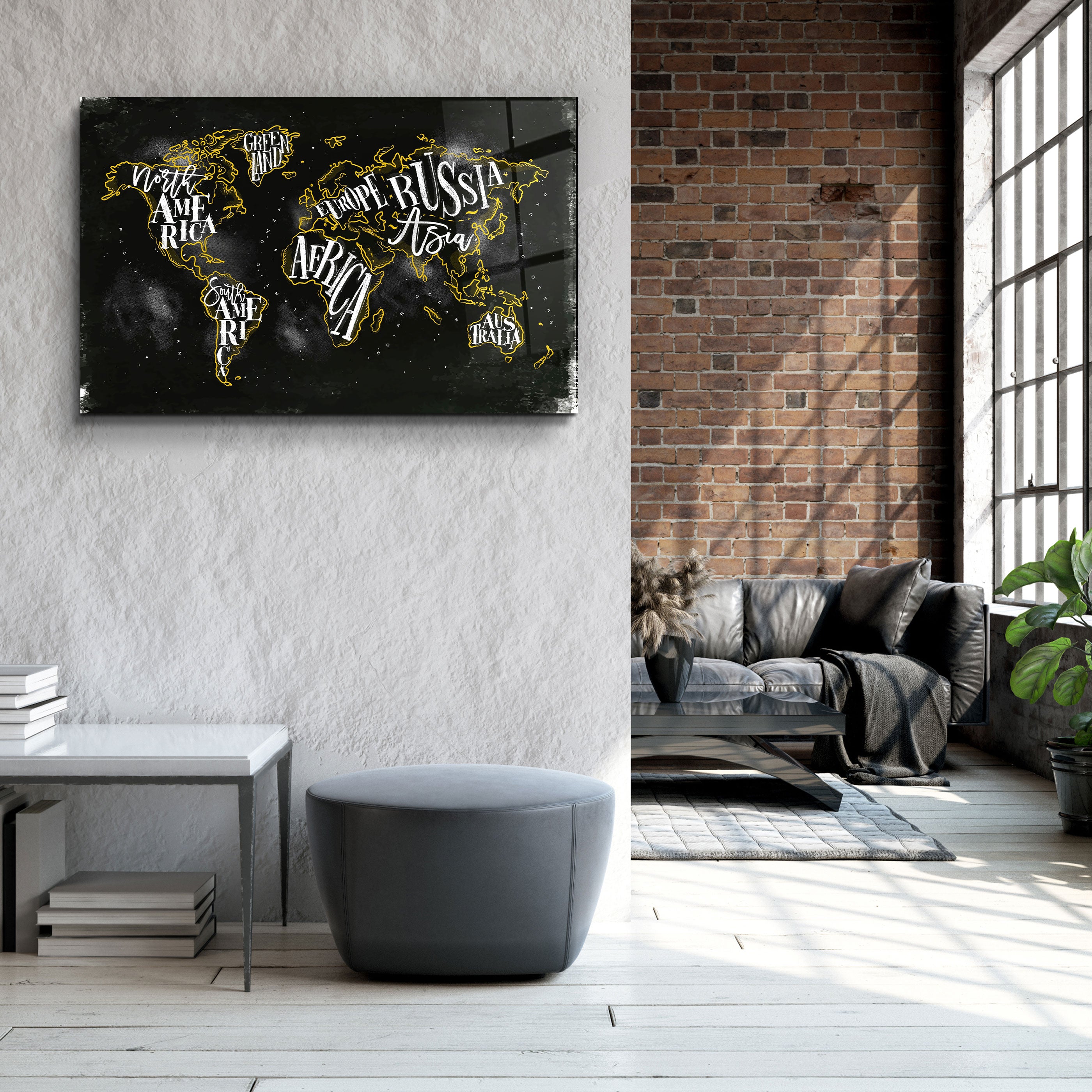 ・"World Map With Yellow Lines"・Glass Wall Art