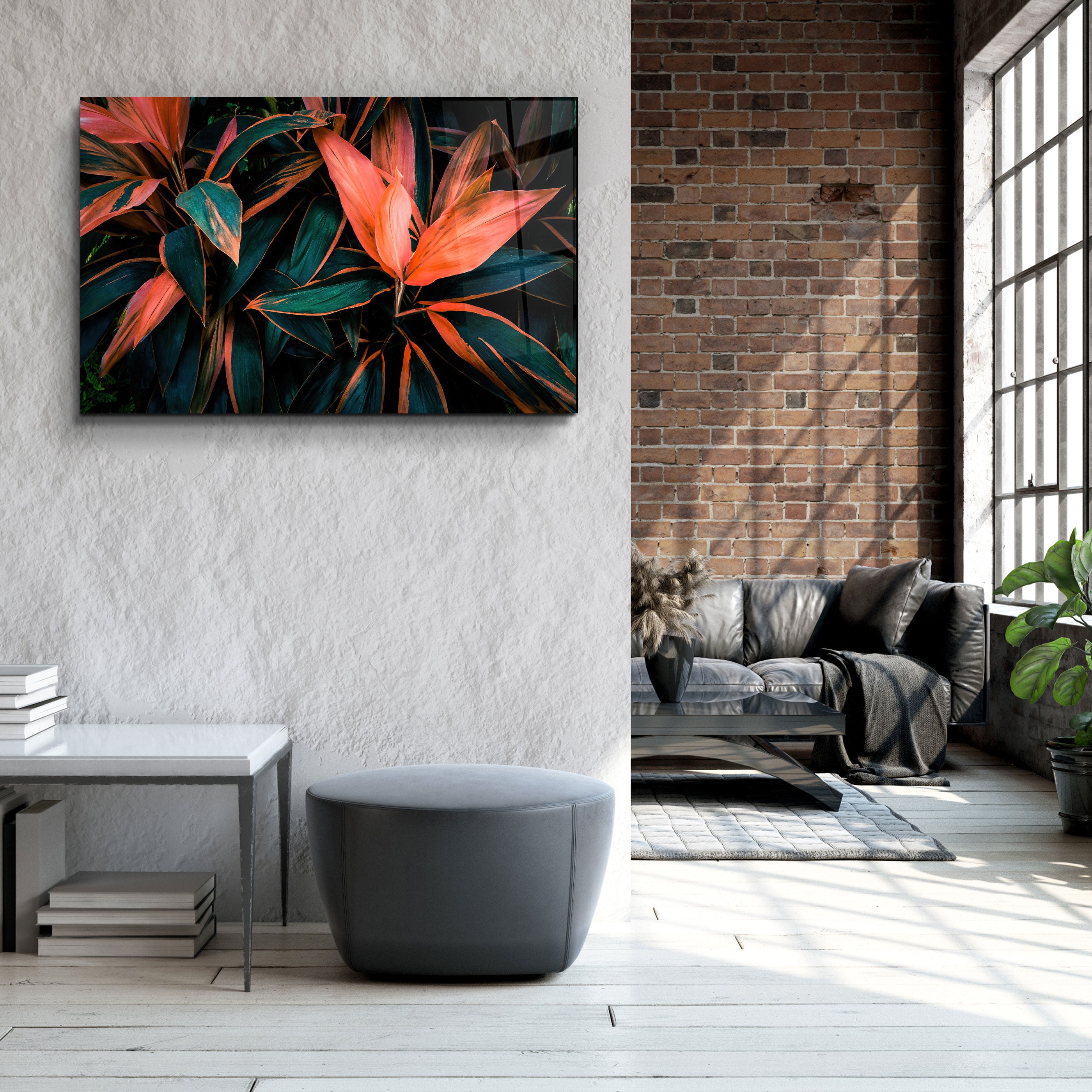 ・"Red And Green Leafs"・Glass Wall Art