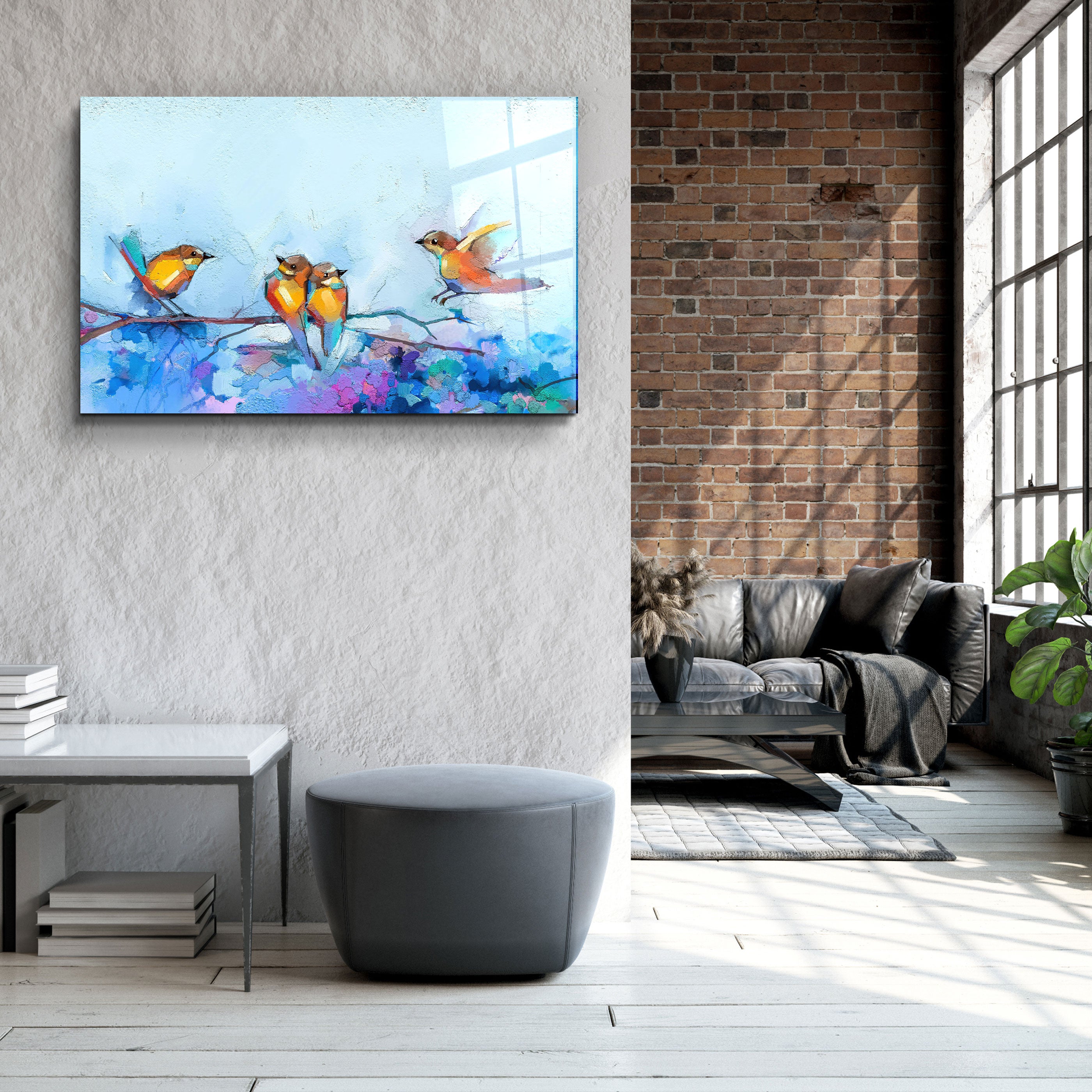 ・"Birds With Flower Painting"・Glass Wall Art