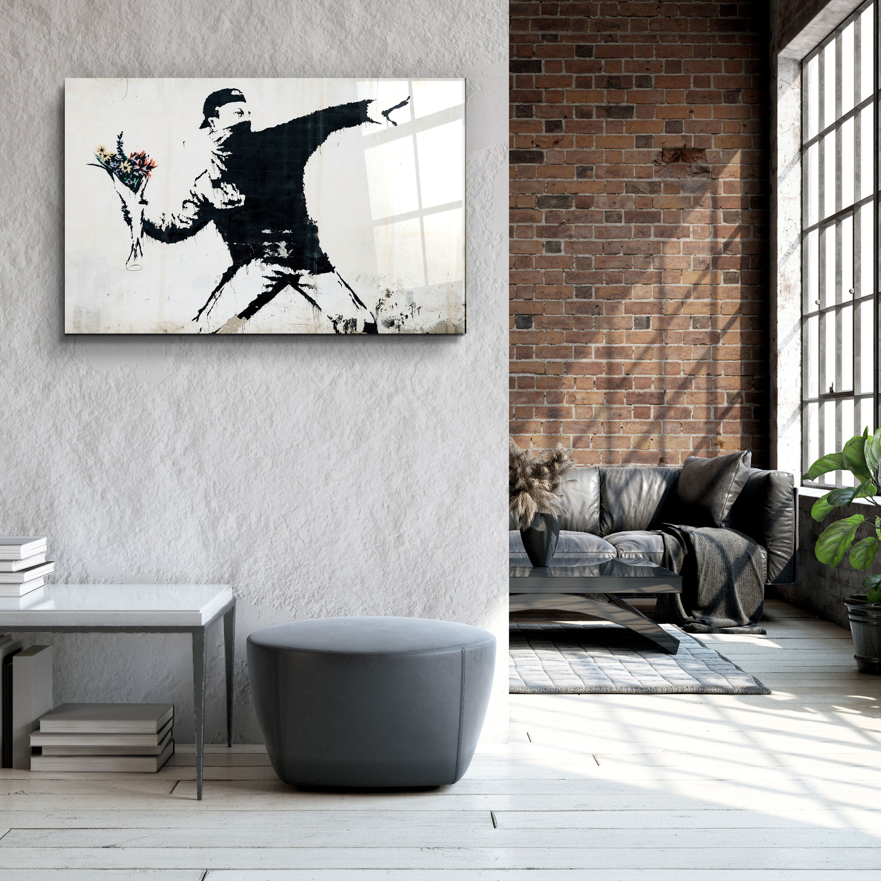 ・"Banksy - Rioter Throwing a Flower Bouquet"・Glass Wall Art
