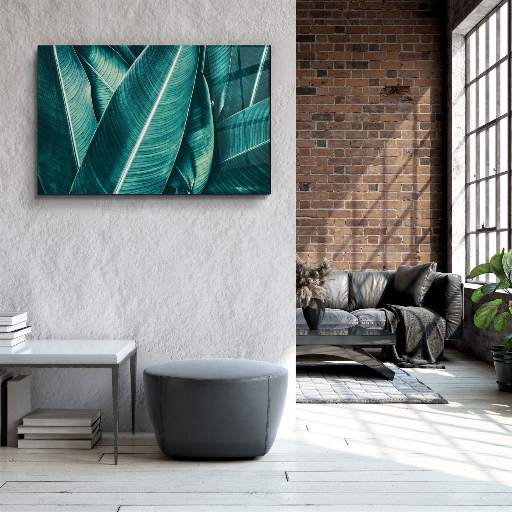 ・"Feuille tropicale verte 2"・Art mural en verre