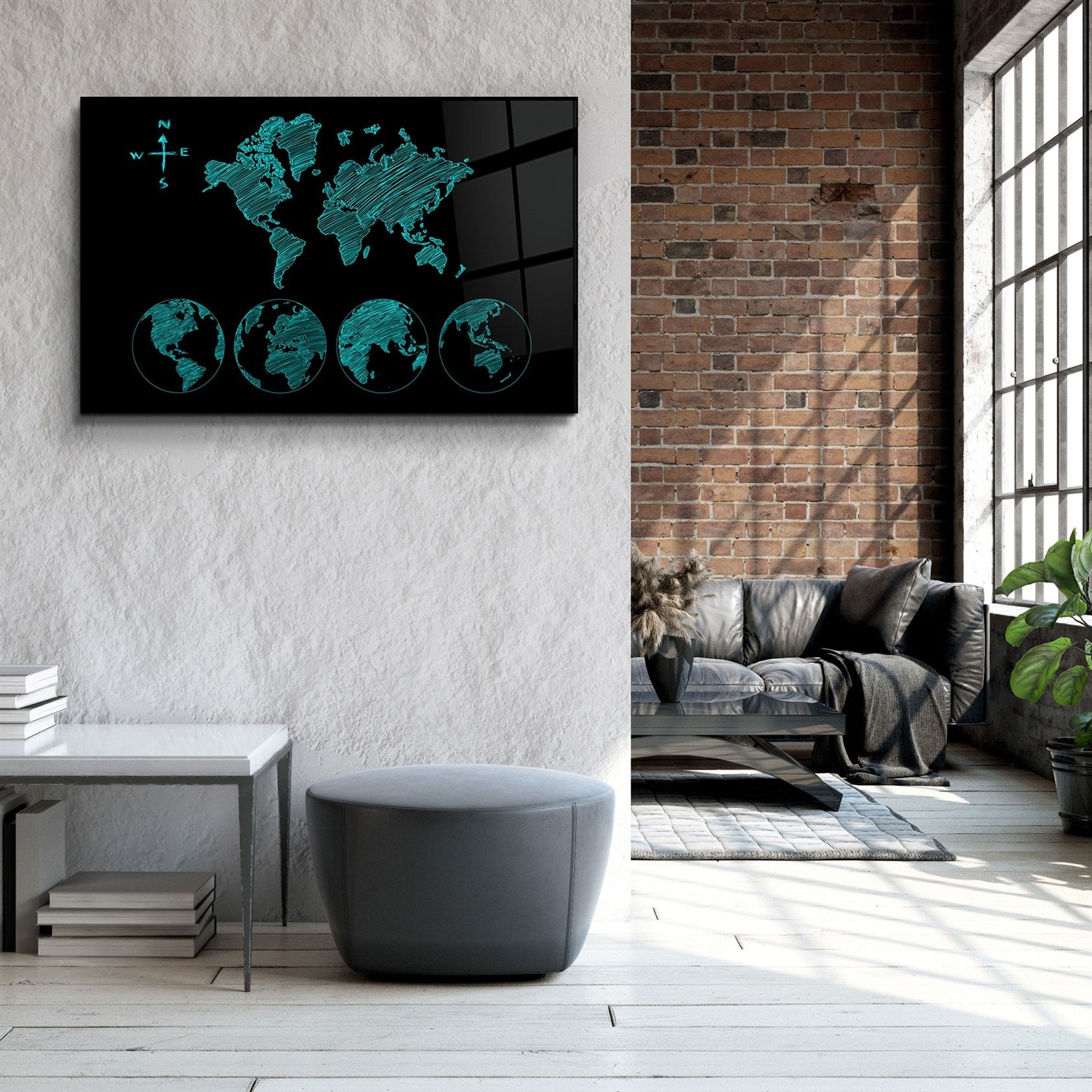 ・"World Map Green"・Glass Wall Art