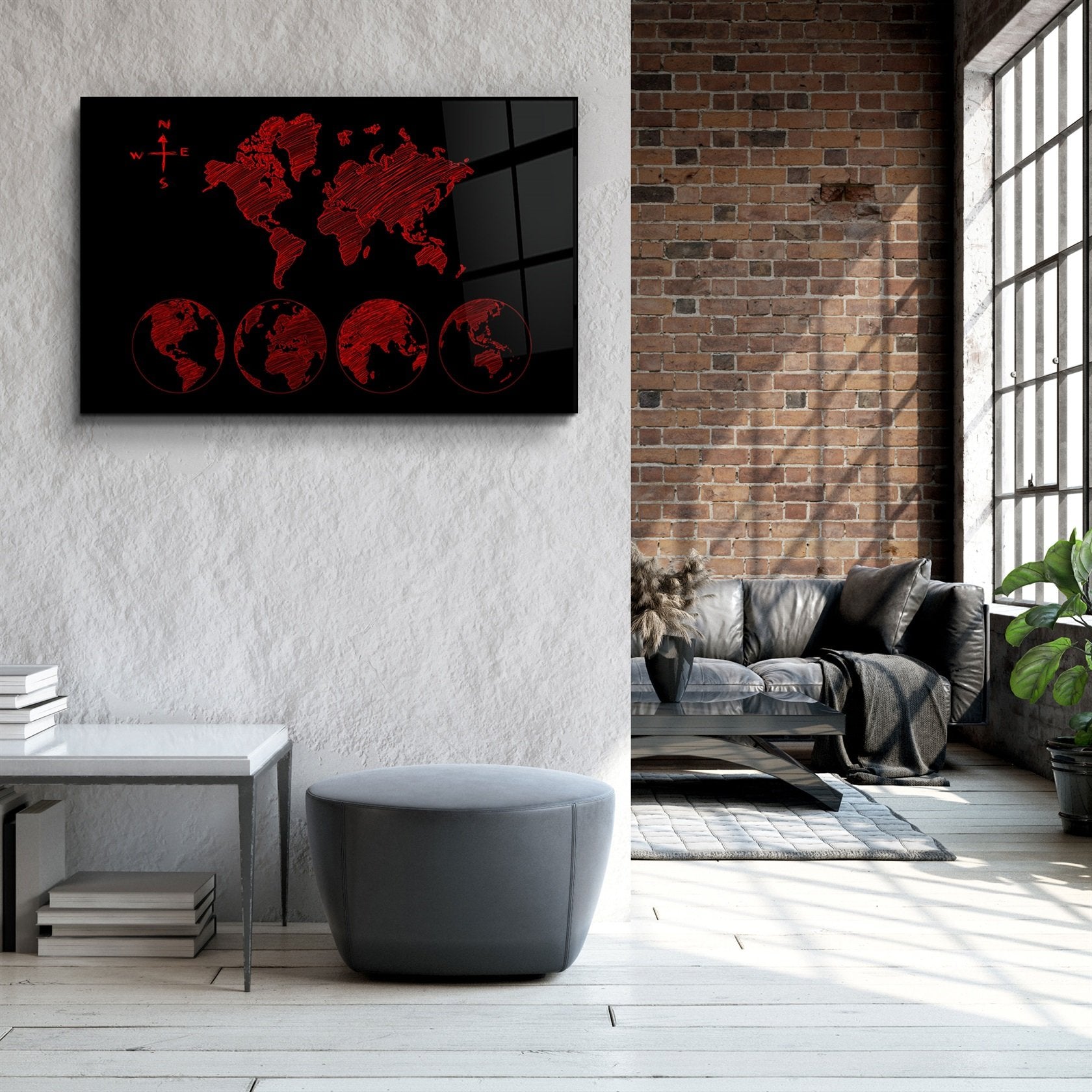 ・"World Map Black-Red"・Glass Wall Art