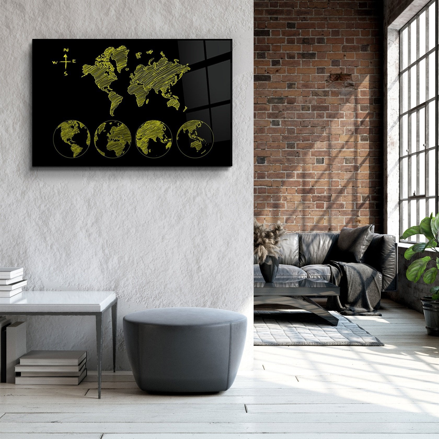 ・"World Map Black-Yellow"・Glass Wall Art