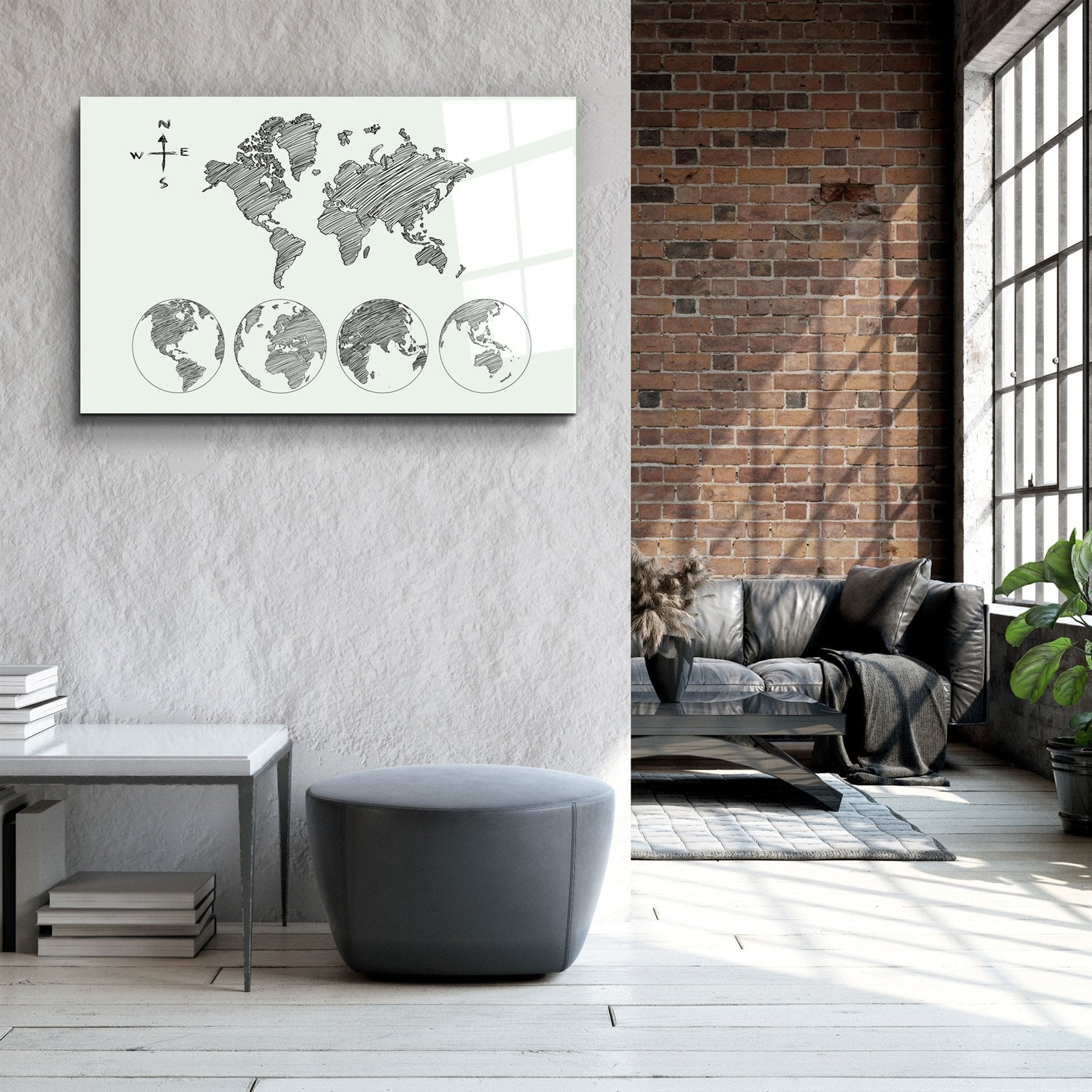 ・"World Map White-Black"・Glass Wall Art