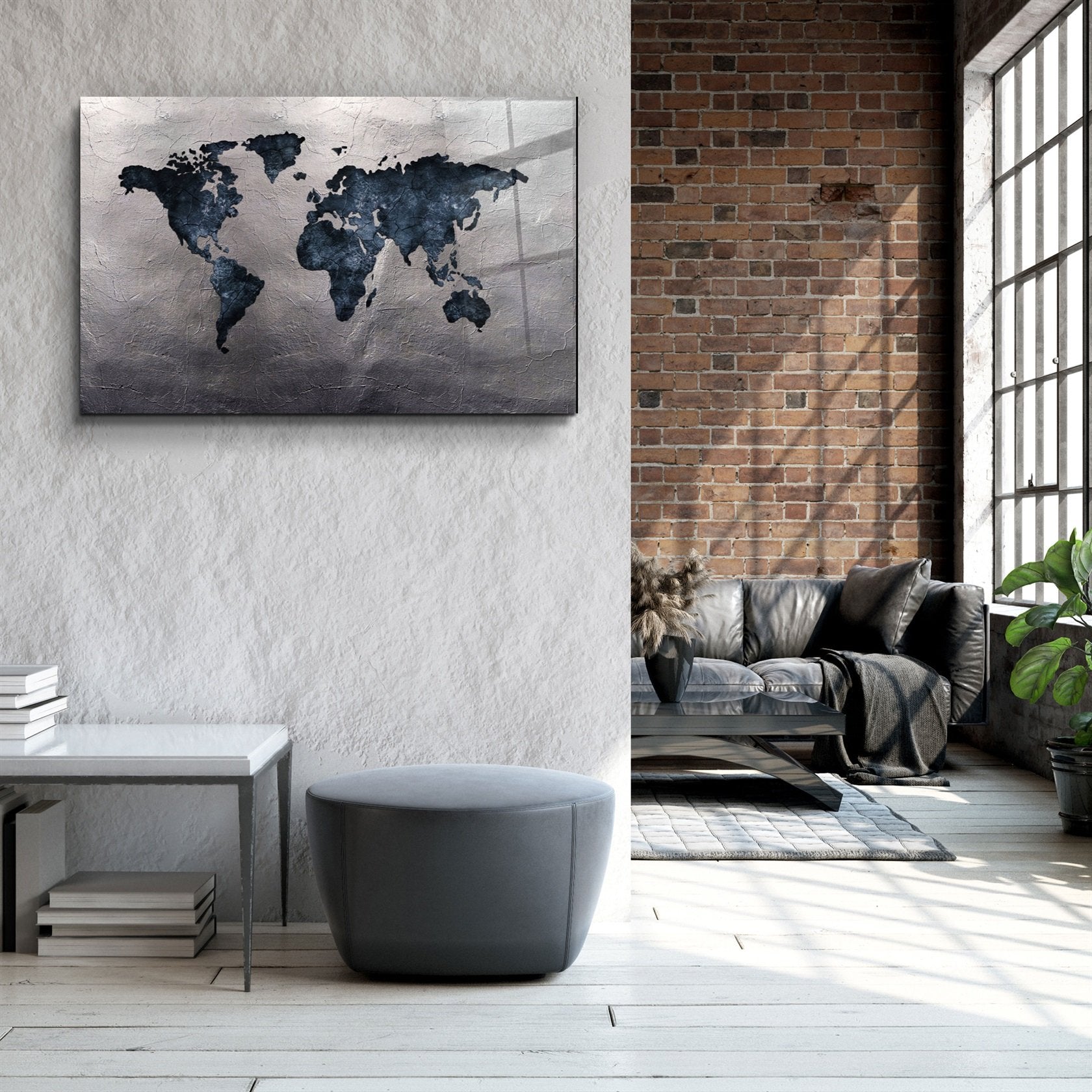 ・"World Map Blue-Silver2"・Glass Wall Art