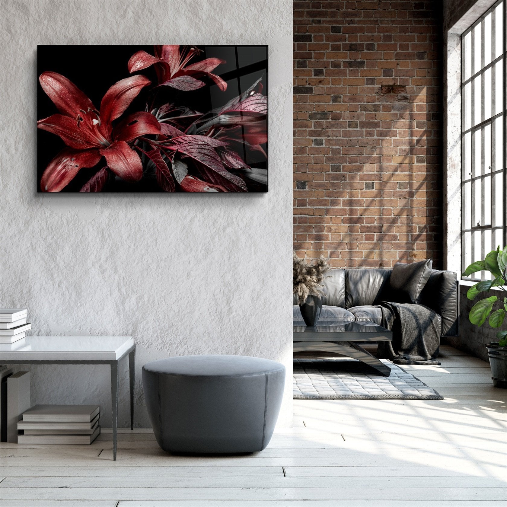 ・"Red and Black Flowers"・Glass Wall Art