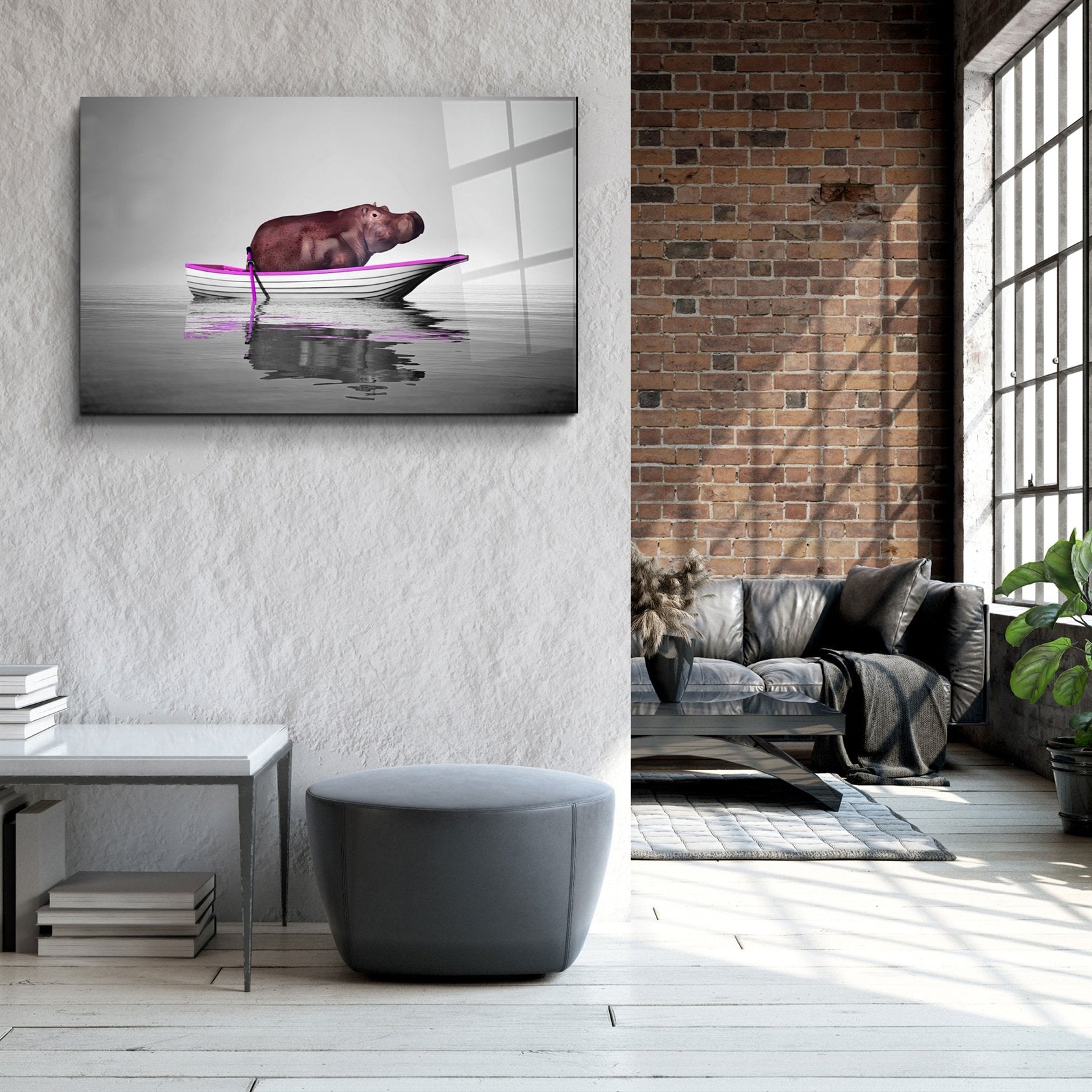・"Hippo on the Boat 2"・Glass Wall Art