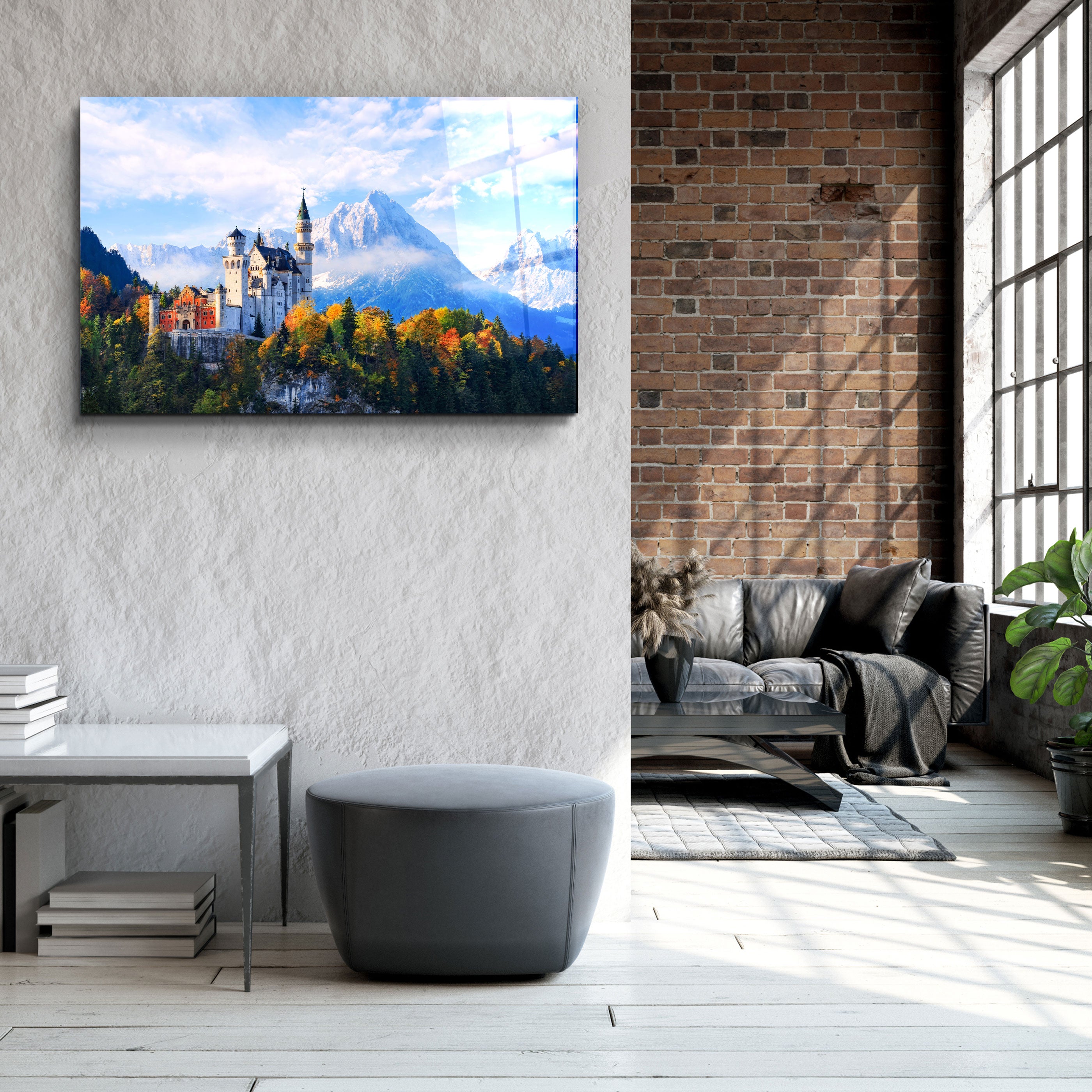 ・„Schöne Aussicht auf Schloss Neuschwanstein in den Bayerischen Alpen, Deutschland“・<tc>Glasbild</tc>