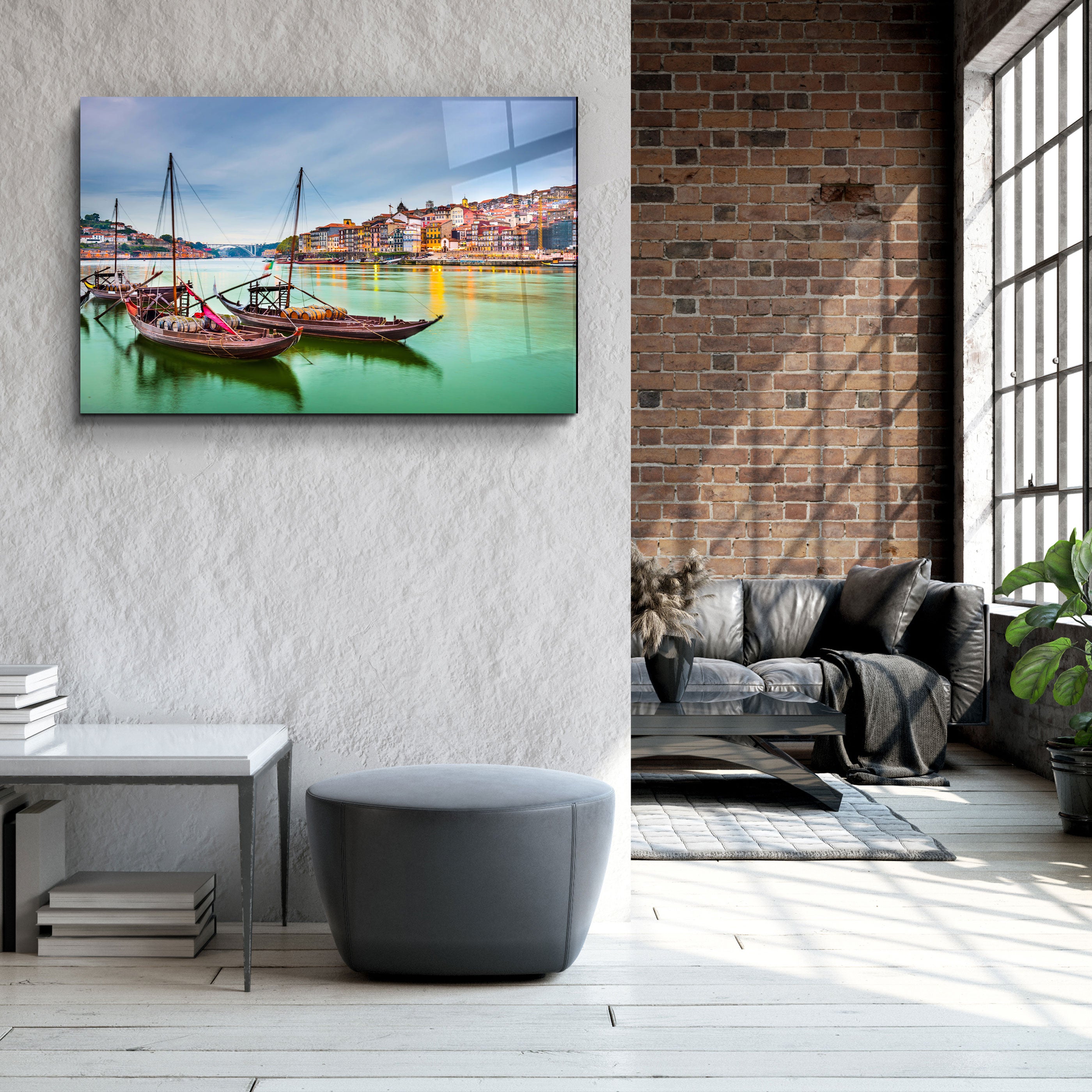 ・"Porto, Portugal old town cityscape on the Douro River with traditional Rabelo boats."・Glass Wall Art