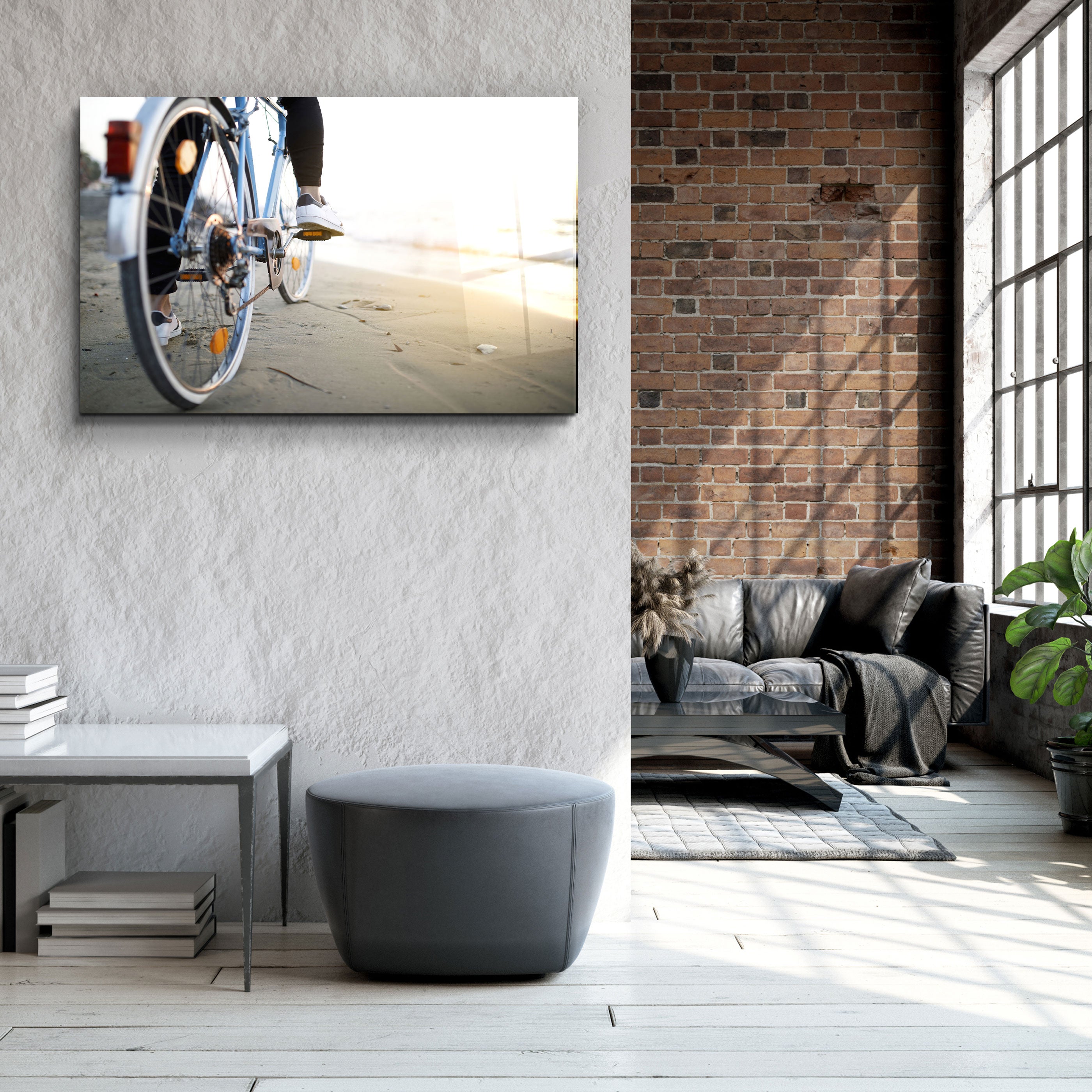 ・"Riding A Bike On The Calm Beach"・Glass Wall Art