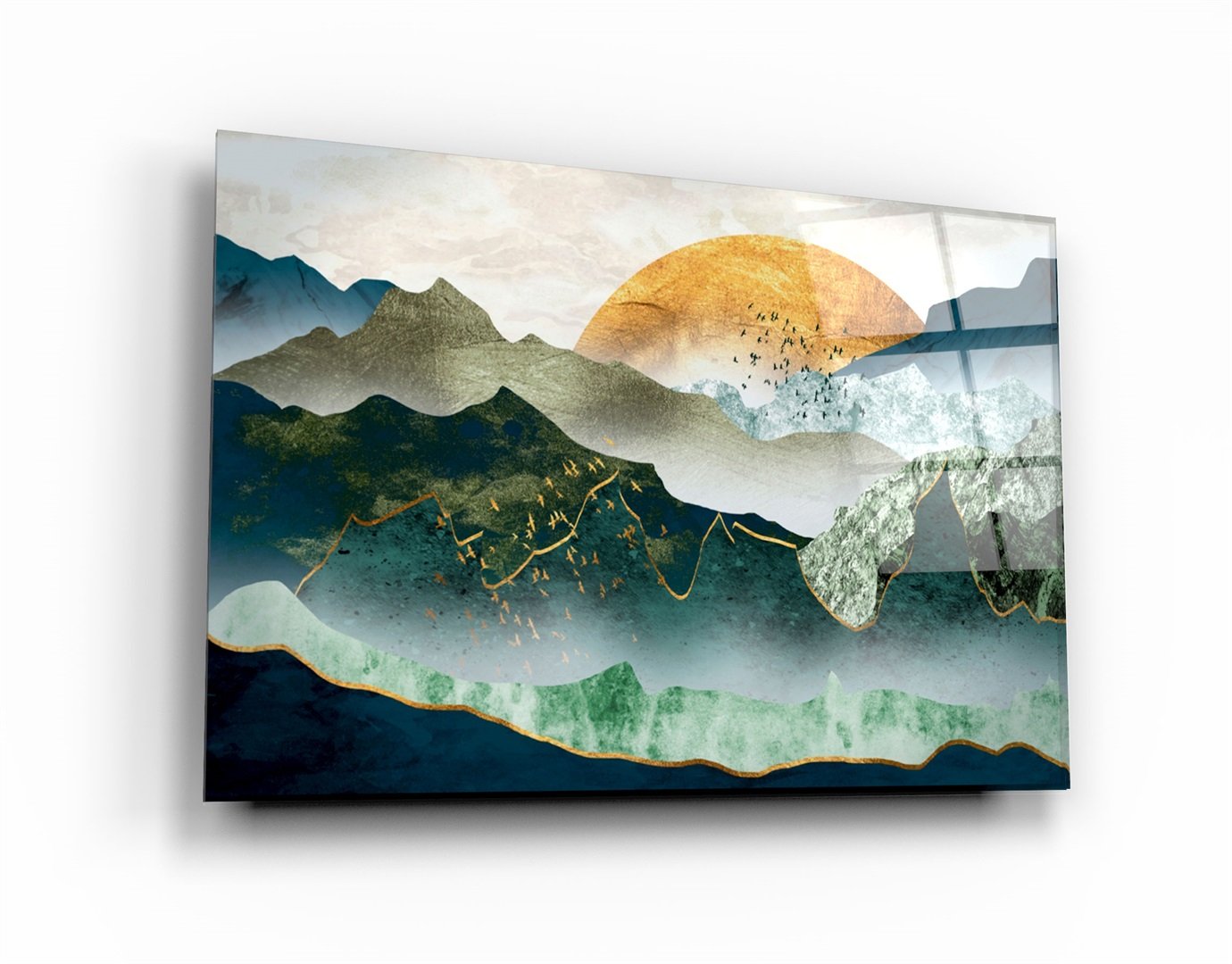 ・"Oiseaux abstraits et coucher de soleil"・Art mural en verre