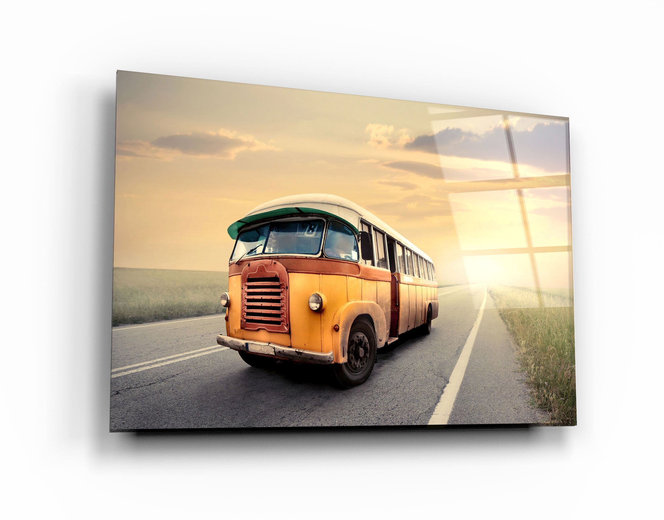 ・„Der Oldtimer-Bus mit Sonnenuntergang“・<tc>Glasbild</tc>