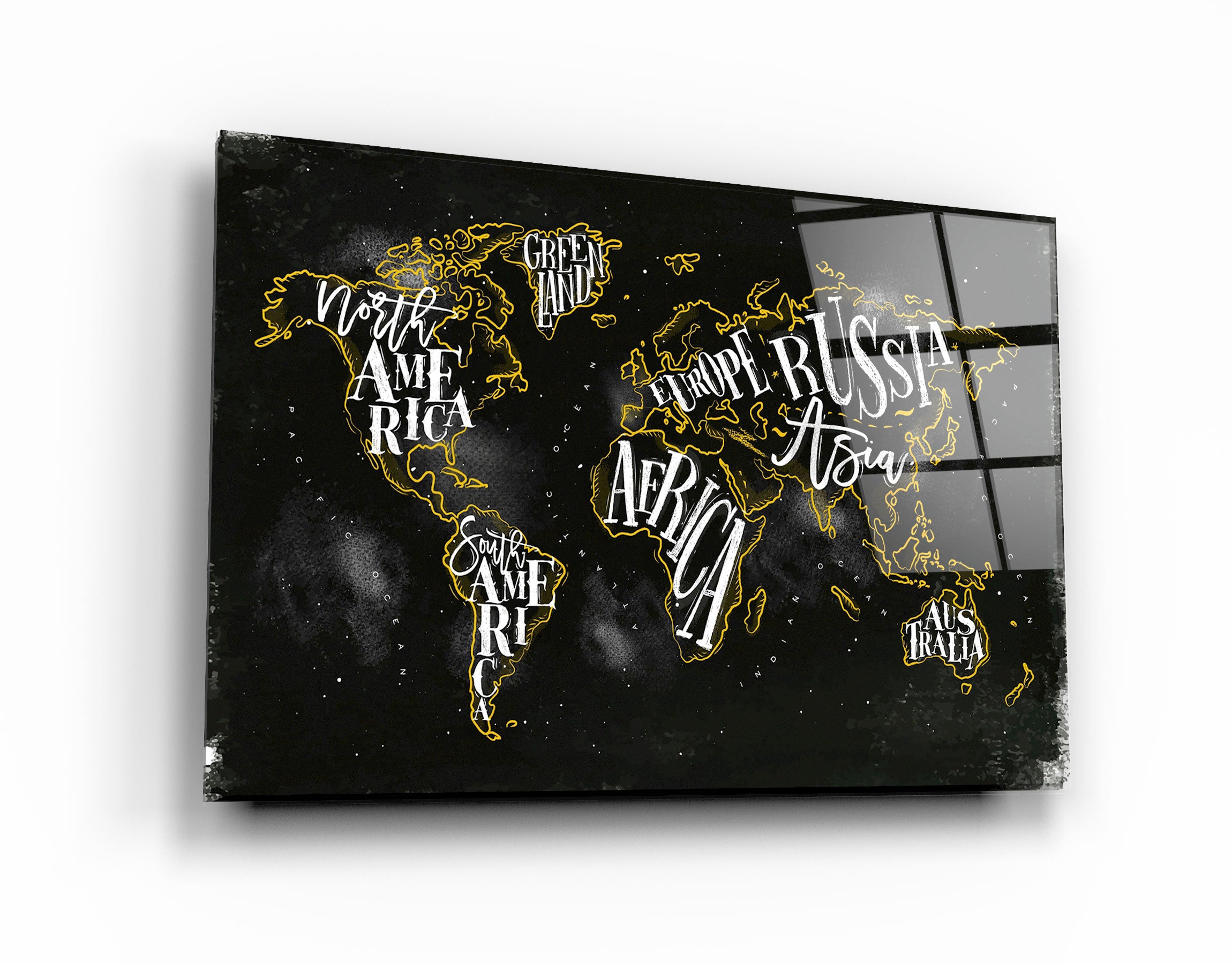 ・"World Map With Yellow Lines"・Glass Wall Art