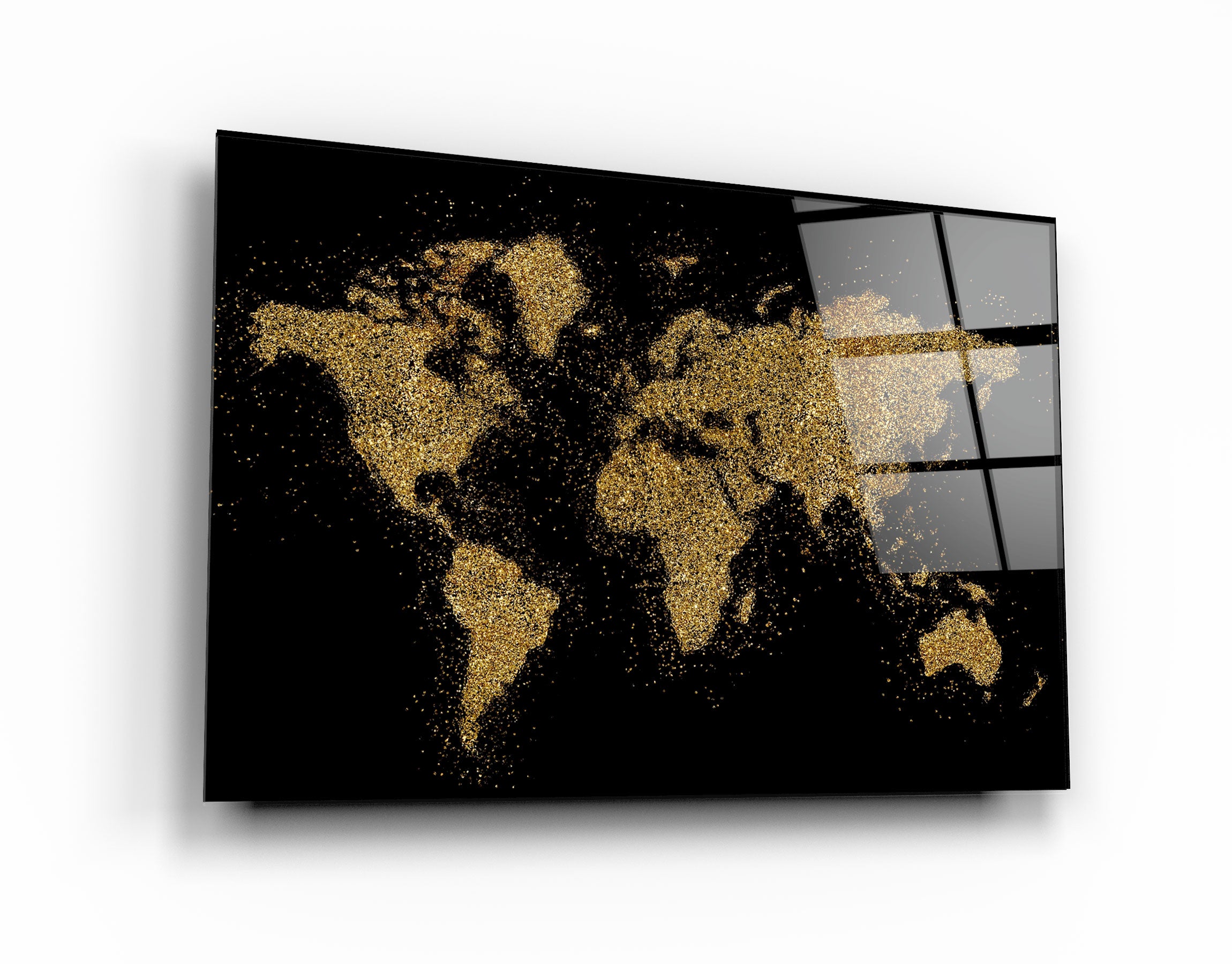 ・"World Map In Golden"・Glass Wall Art