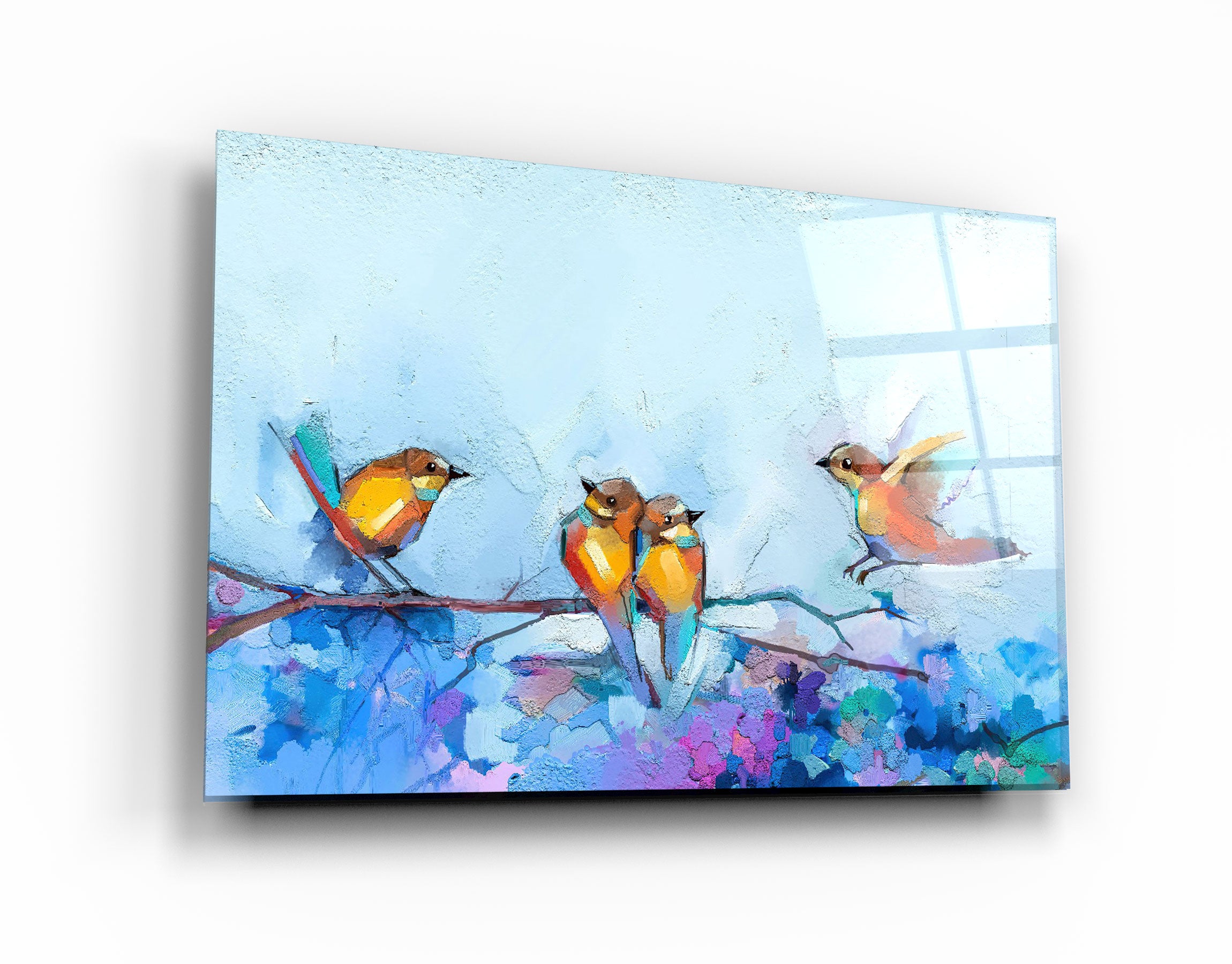 ・"Oiseaux avec peinture de fleurs"・Art mural en verre