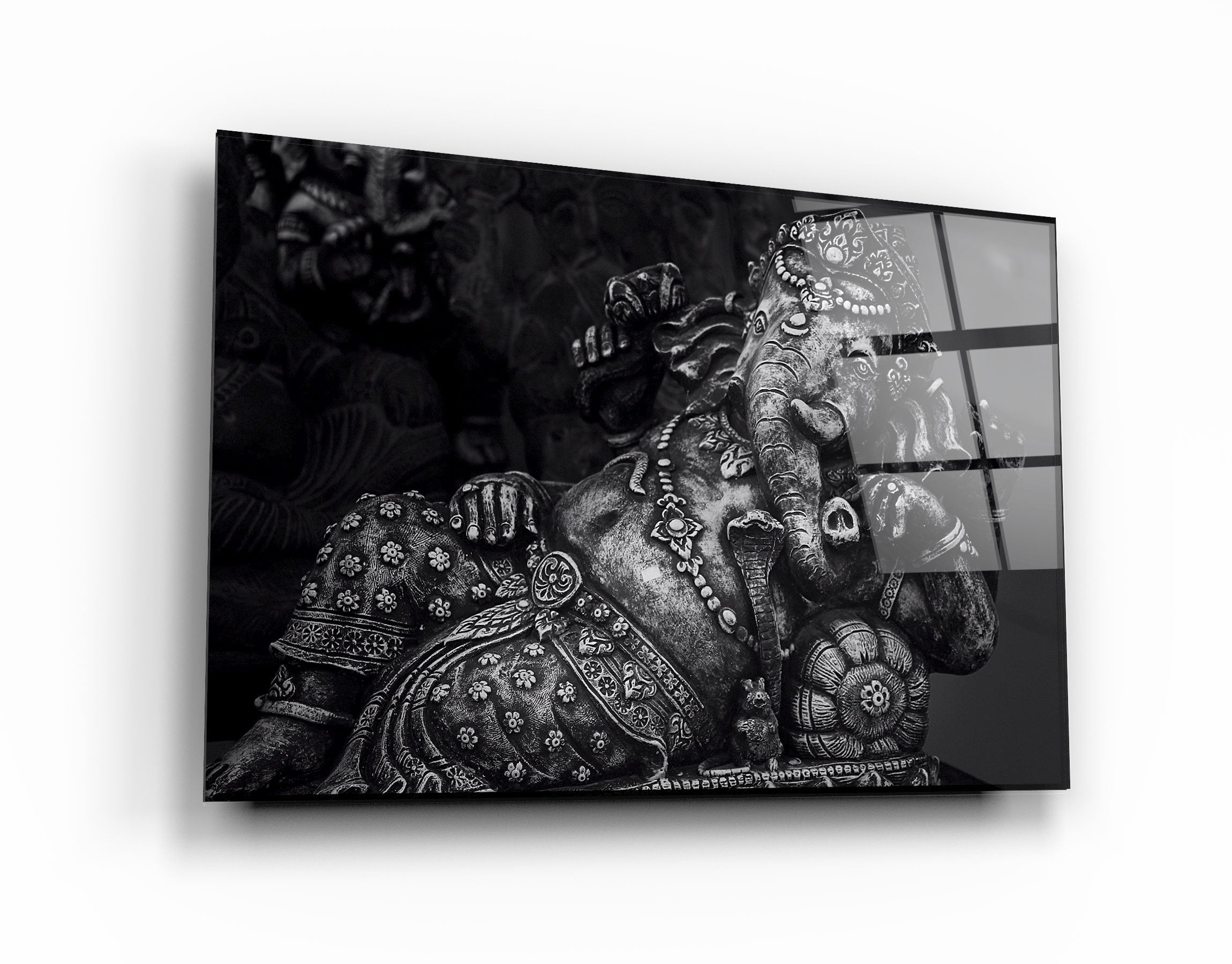 ・"Lord Ganesha Sculpture B&W"・Glass Wall Art