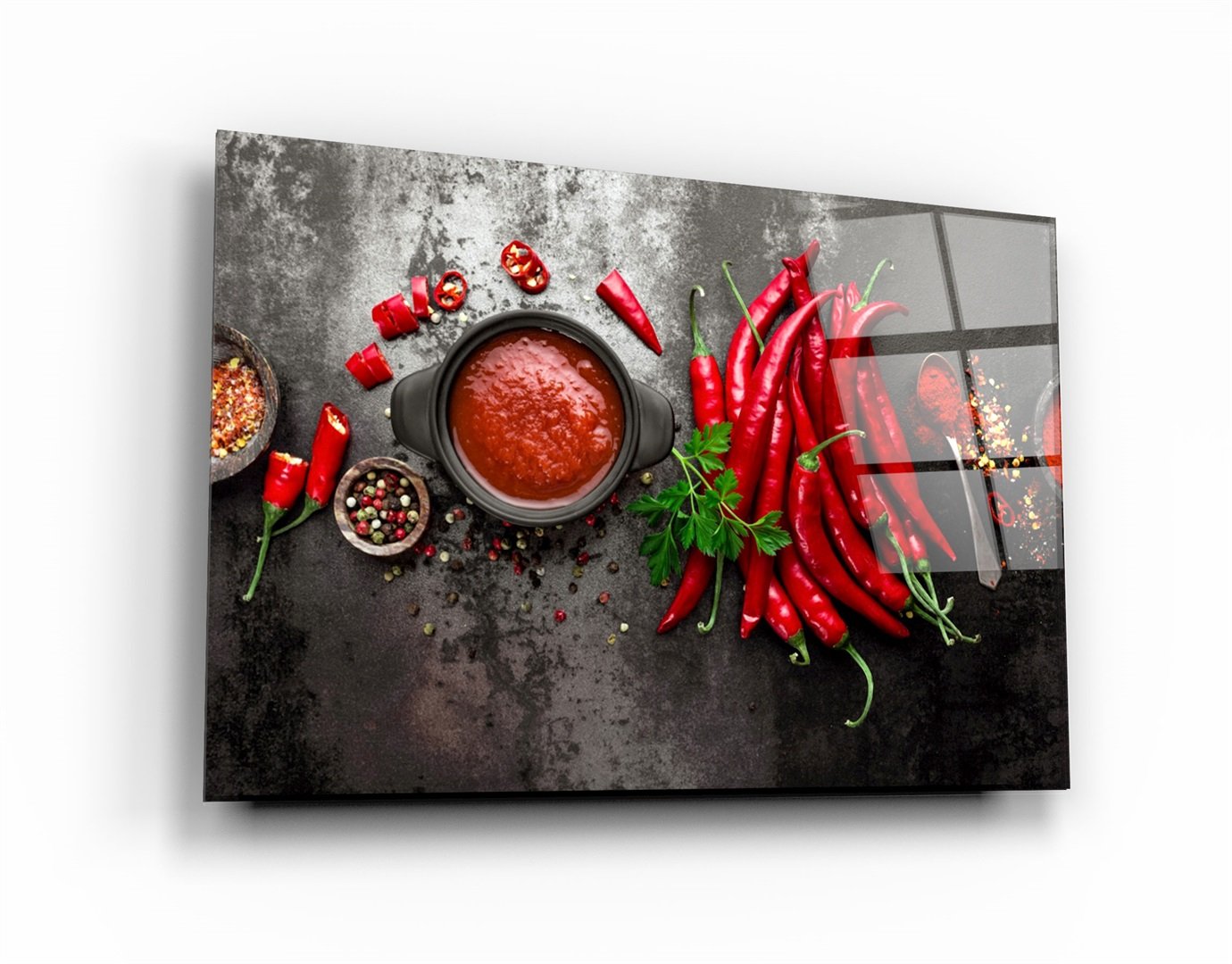 ・"Red Peppers and Sauce"・Glass Wall Art