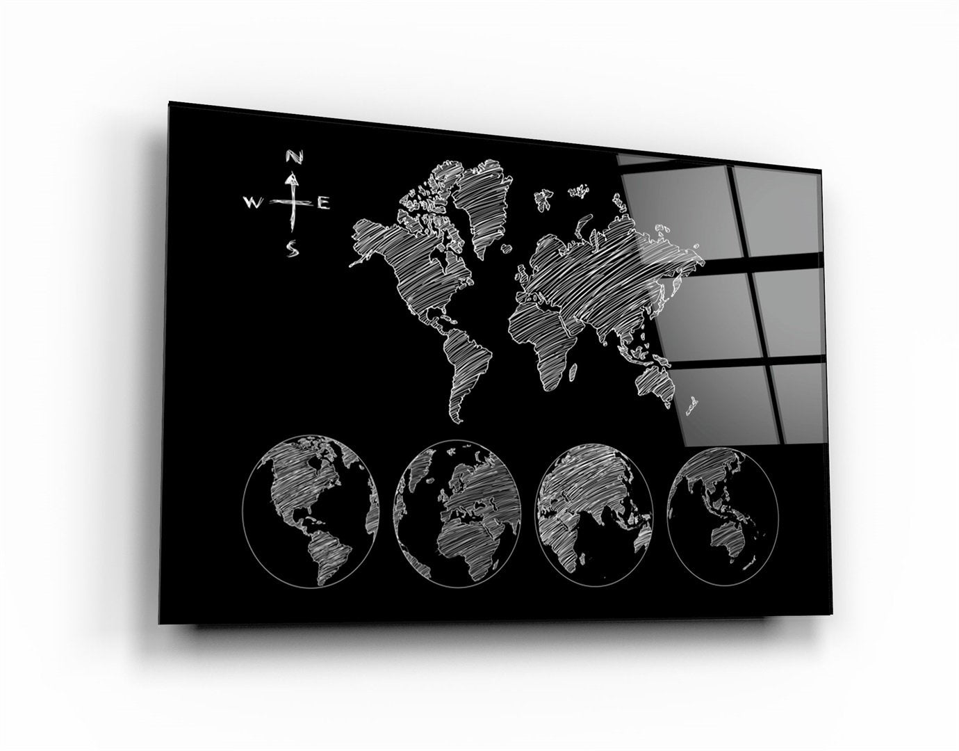 ・"World Map Black-White"・Glass Wall Art