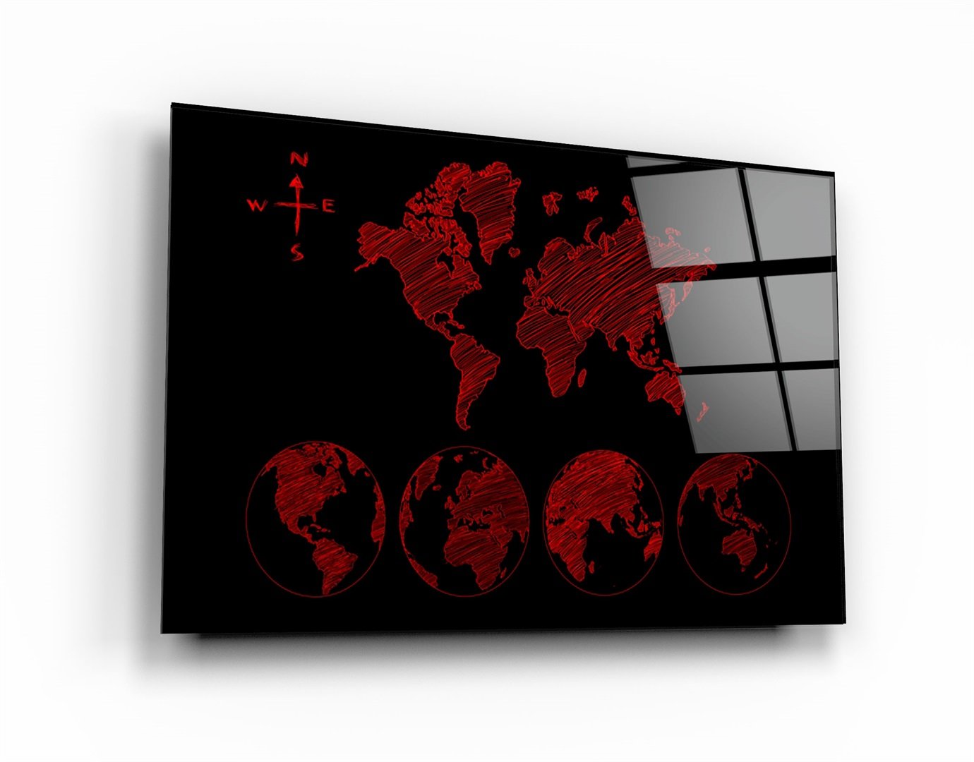 ・"World Map Black-Red"・Glass Wall Art