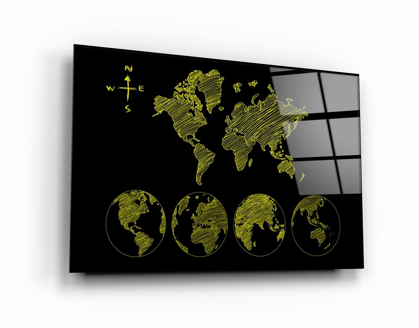 ・"World Map Black-Yellow"・Glass Wall Art