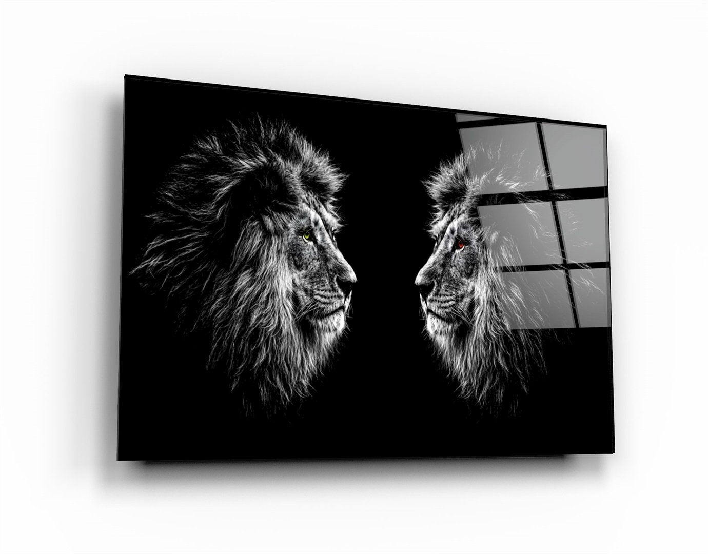 ・« Lions Confrontation BW »・Art mural en verre