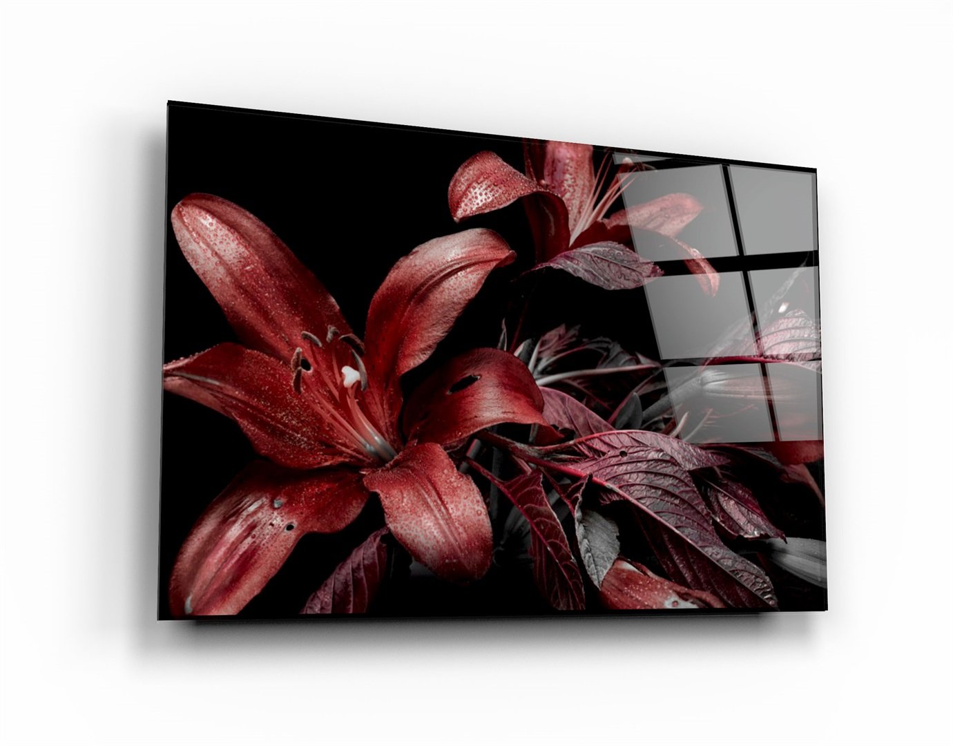 ・"Red and Black Flowers"・Glass Wall Art