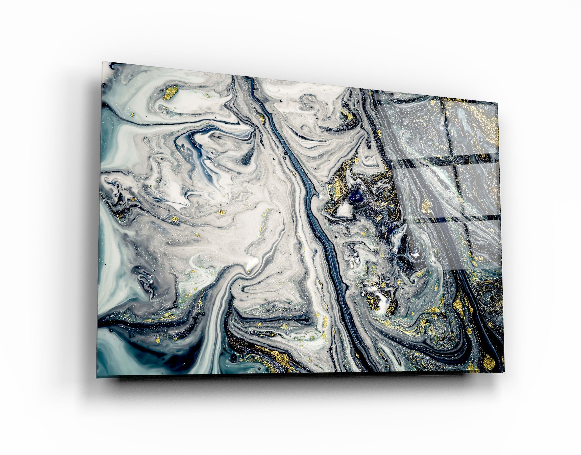 ・"Marbre gris bleu avec poussière dorée"・Art mural en verre