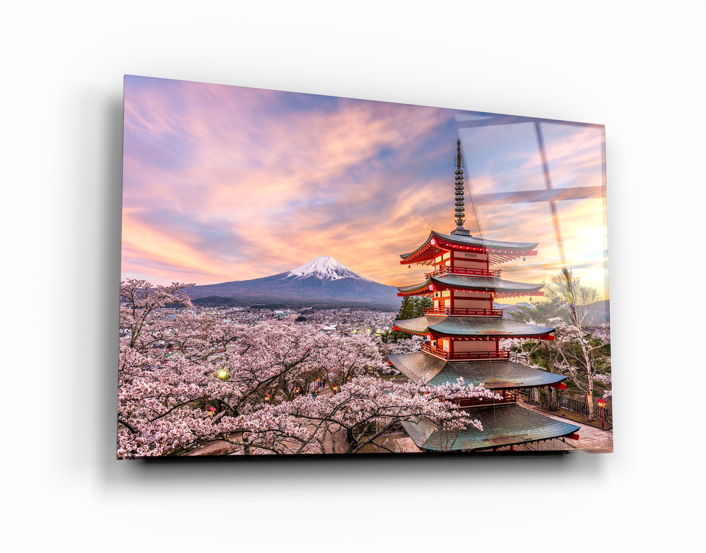 ・"Fujiyoshida, Japan at Chureito Pagoda and Mt. Fuji in the spring with cherry blossoms"・Glass Wall Art