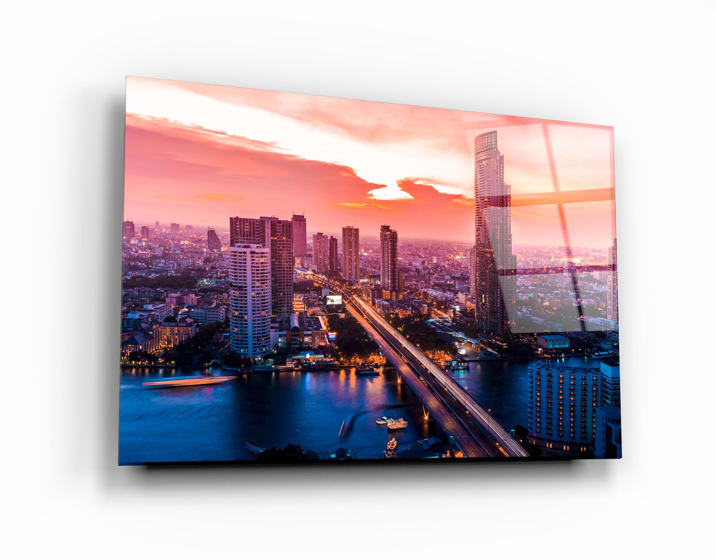 ・"Beautiful cityscape Bangkok business district and residential. In the twilight, Thailand"・Glass Wall Art