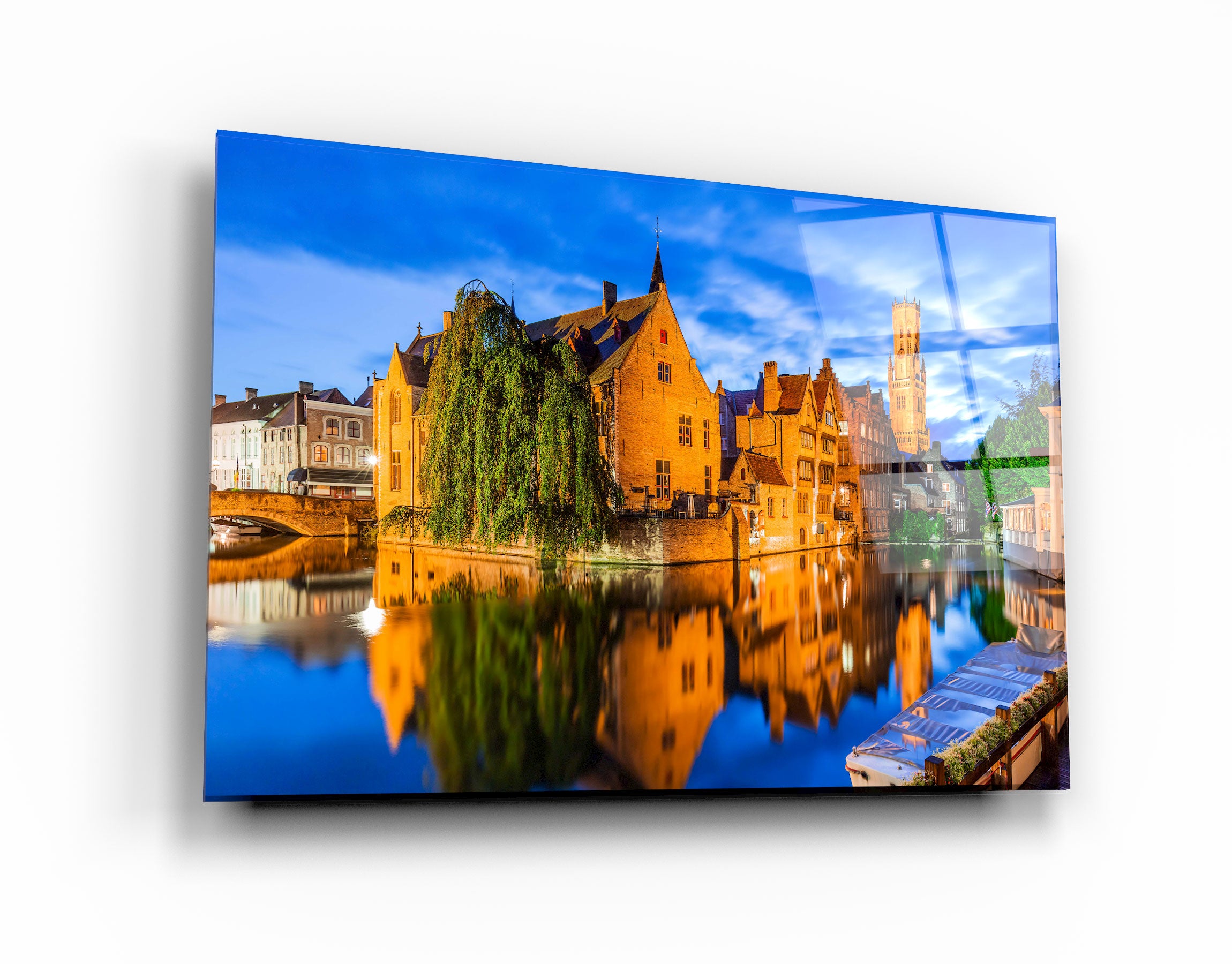 ・"Bruges, Belgium. The Rozenhoedkaai canal in Bruges with the Belfry"・Glass Wall Art