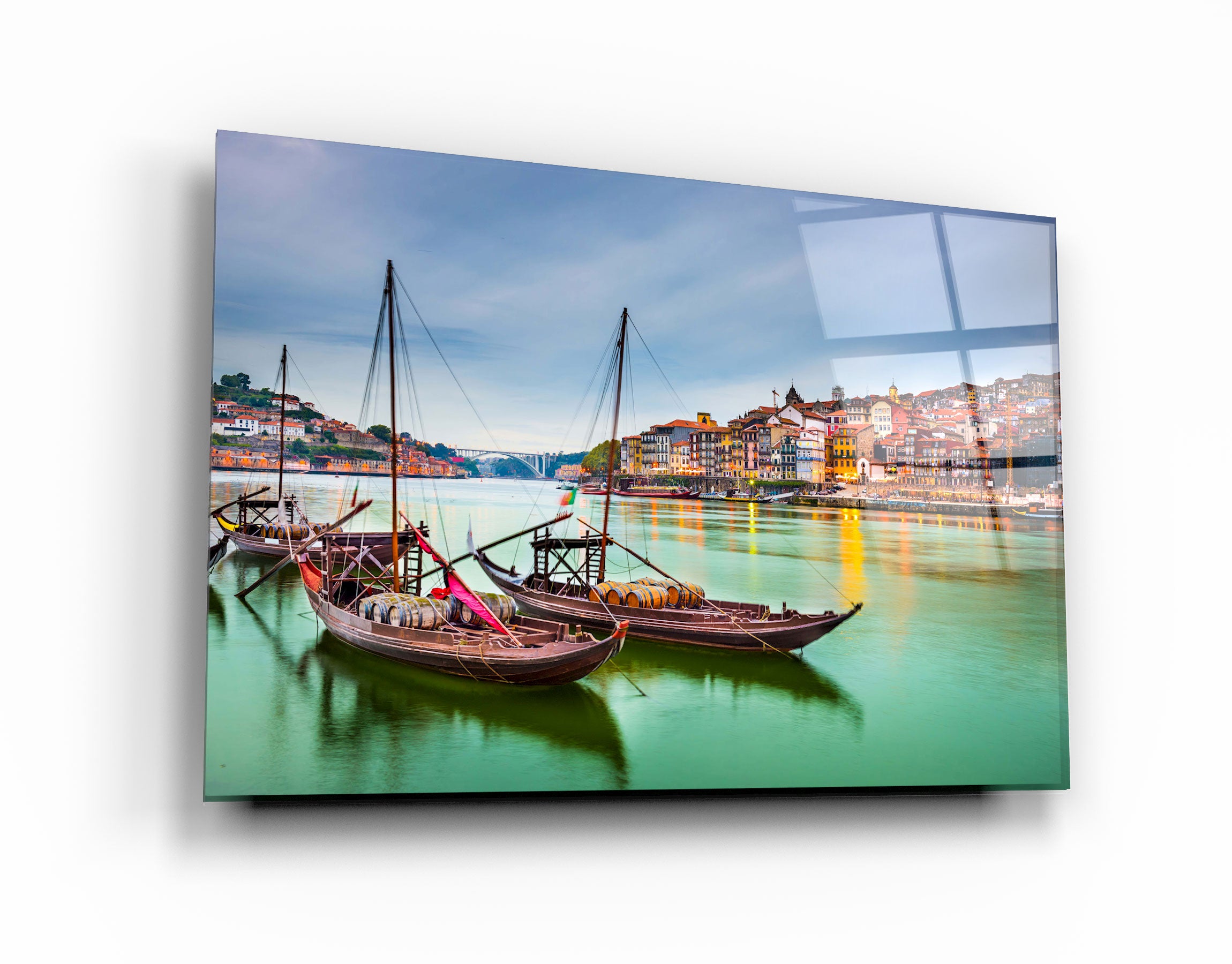 ・"Porto, Portugal old town cityscape on the Douro River with traditional Rabelo boats."・Glass Wall Art