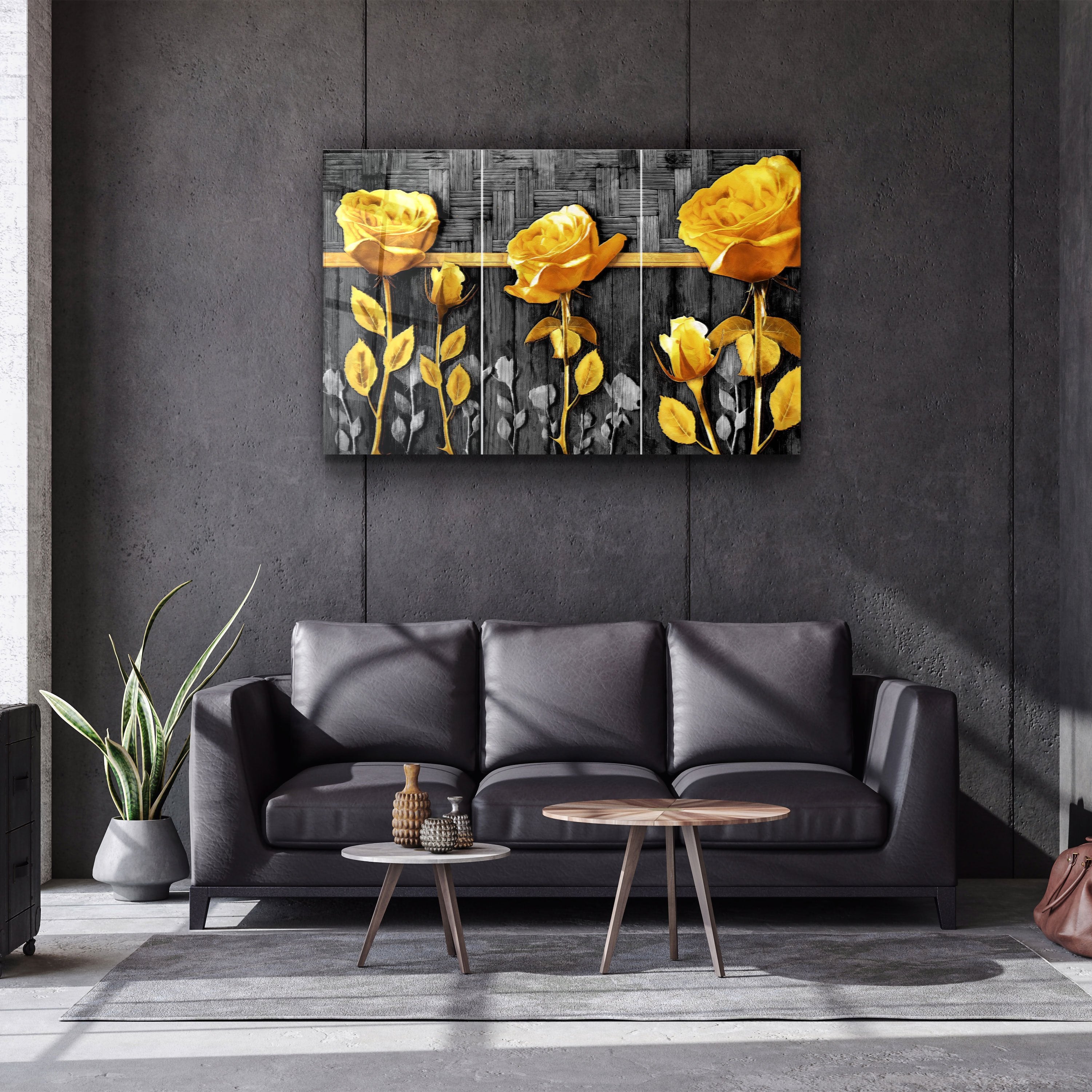 ・"Yellow Flowers"・Glass Wall Art