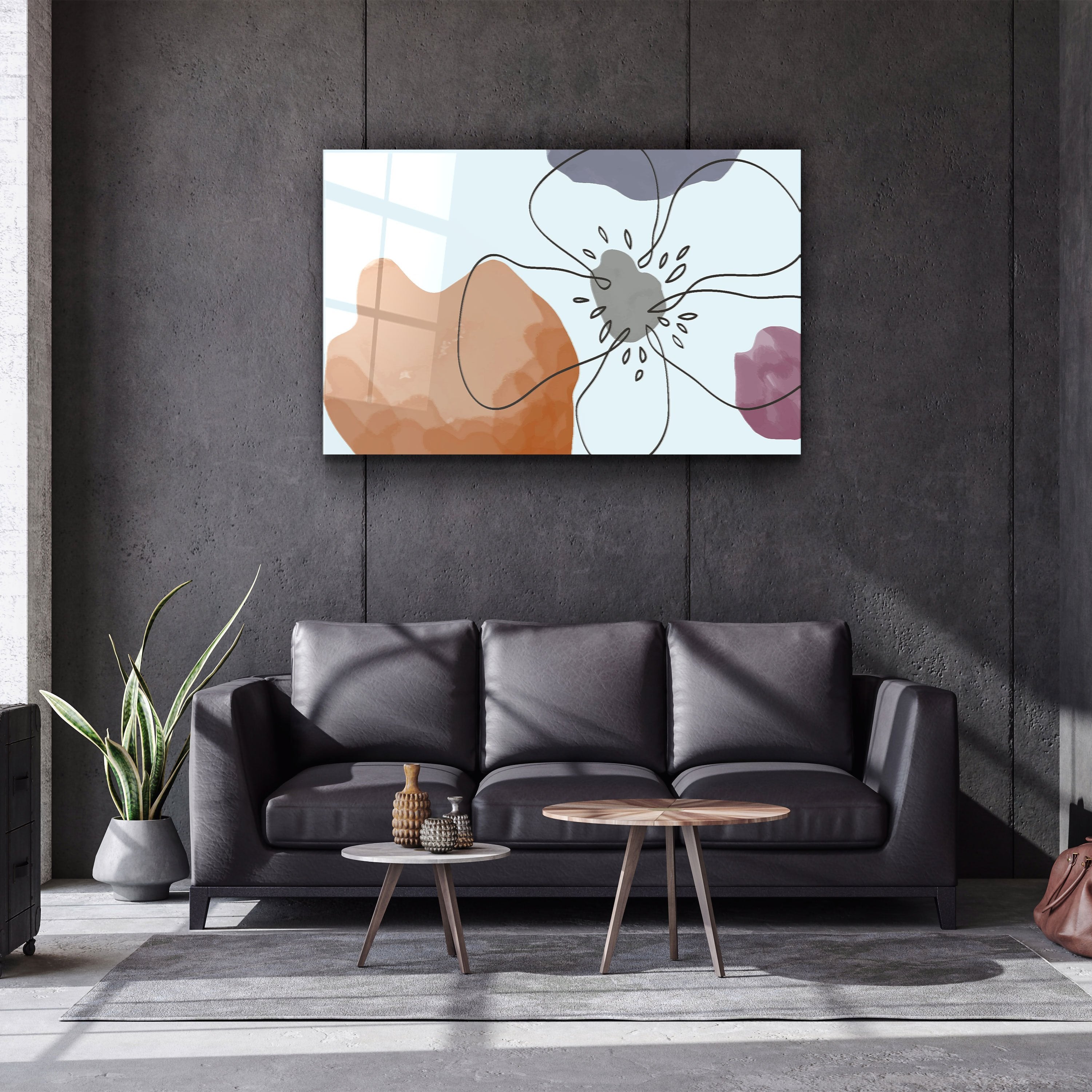 ・"Abstract Shapes and Flower"・Glass Wall Art