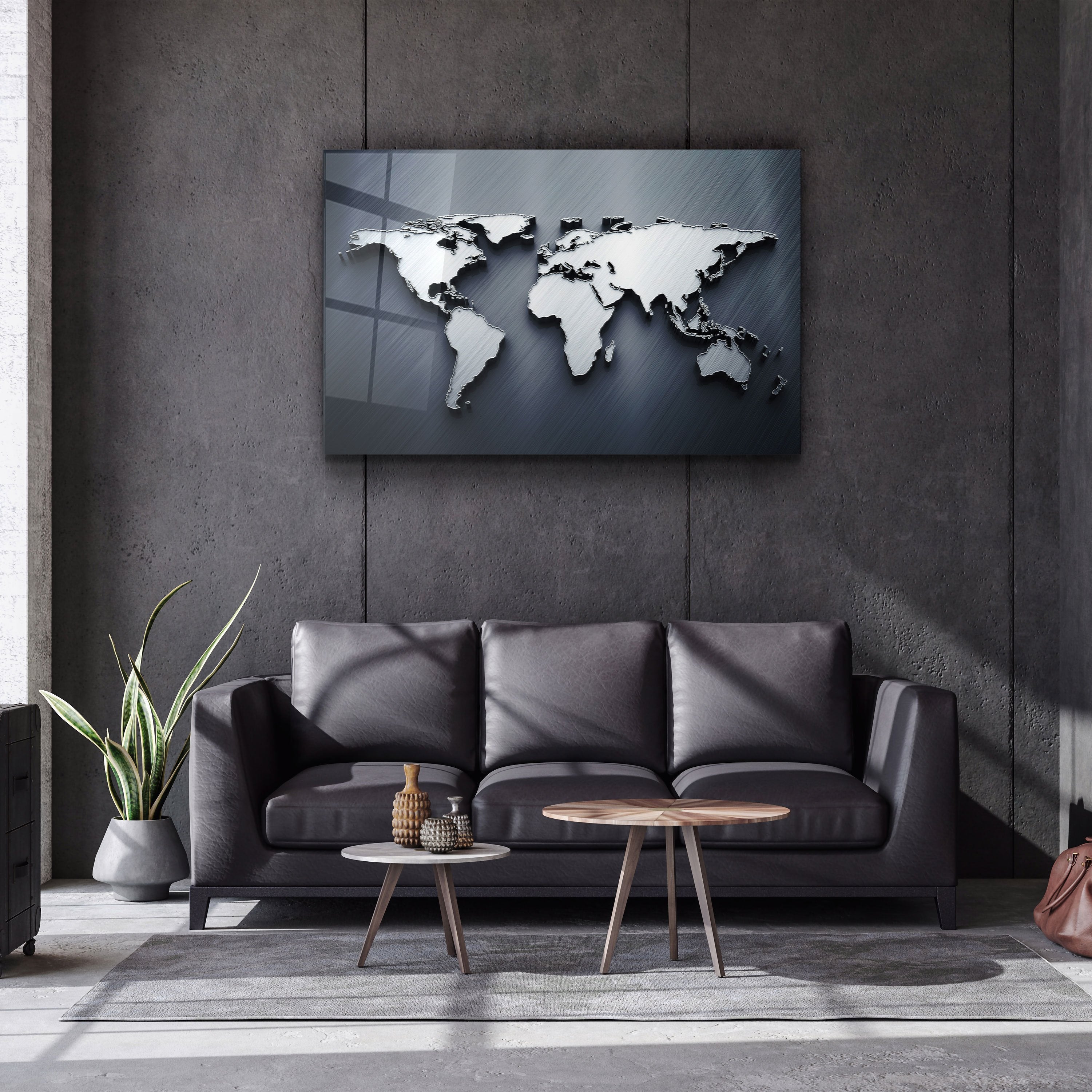 ・"Metallic Blue World Map"・Glass Wall Art