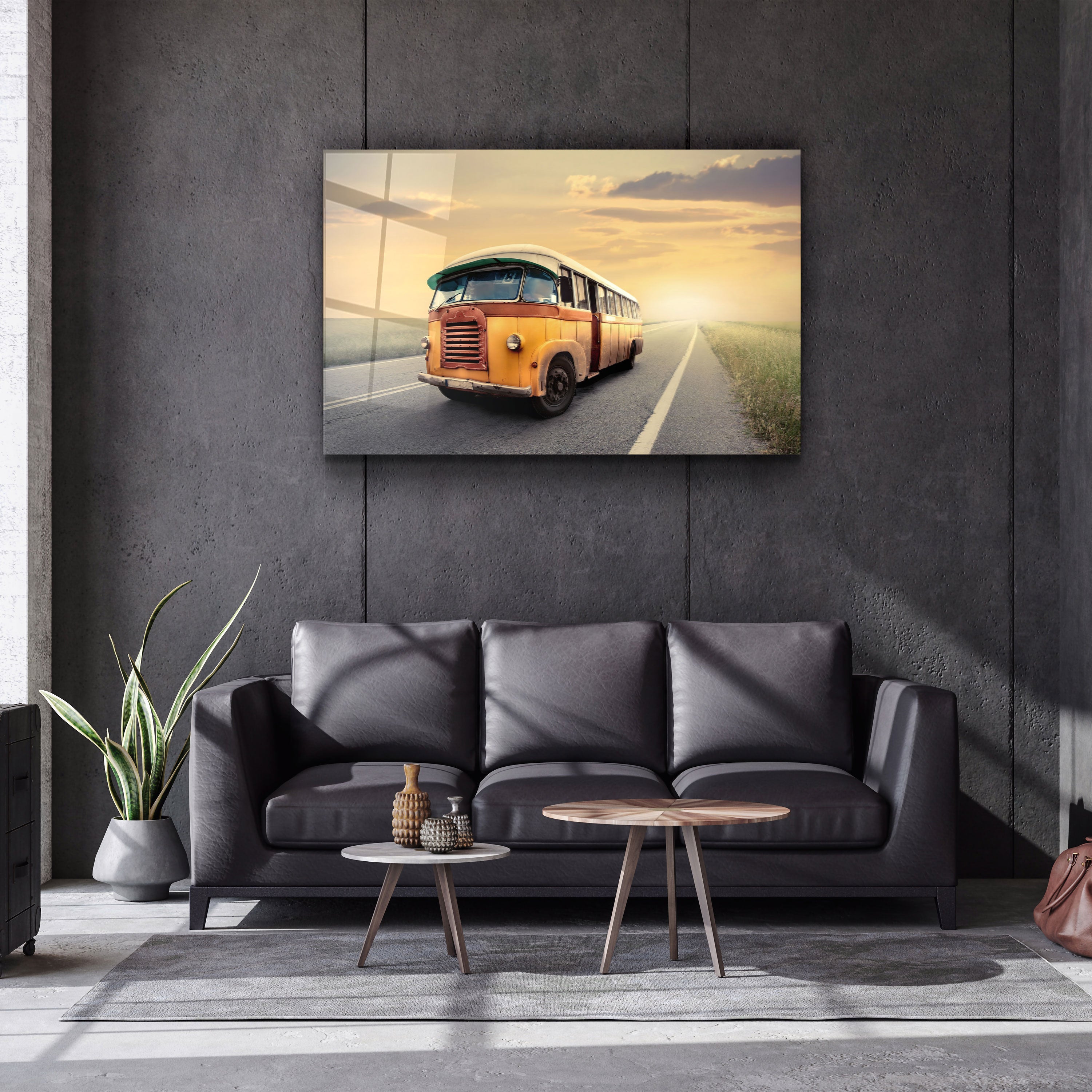 ・"Le bus vintage avec coucher de soleil"・Art mural en verre