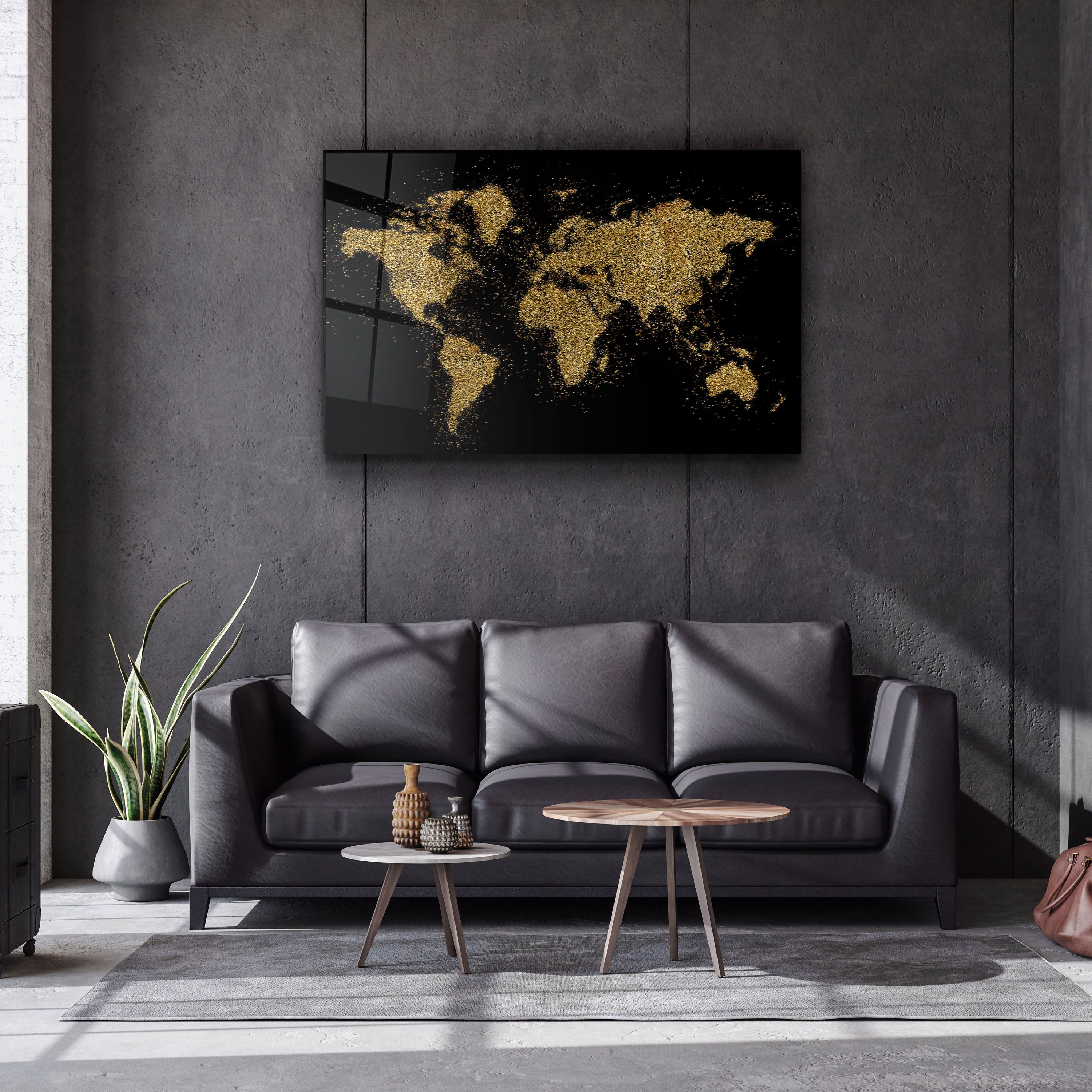 ・"World Map In Golden"・Glass Wall Art