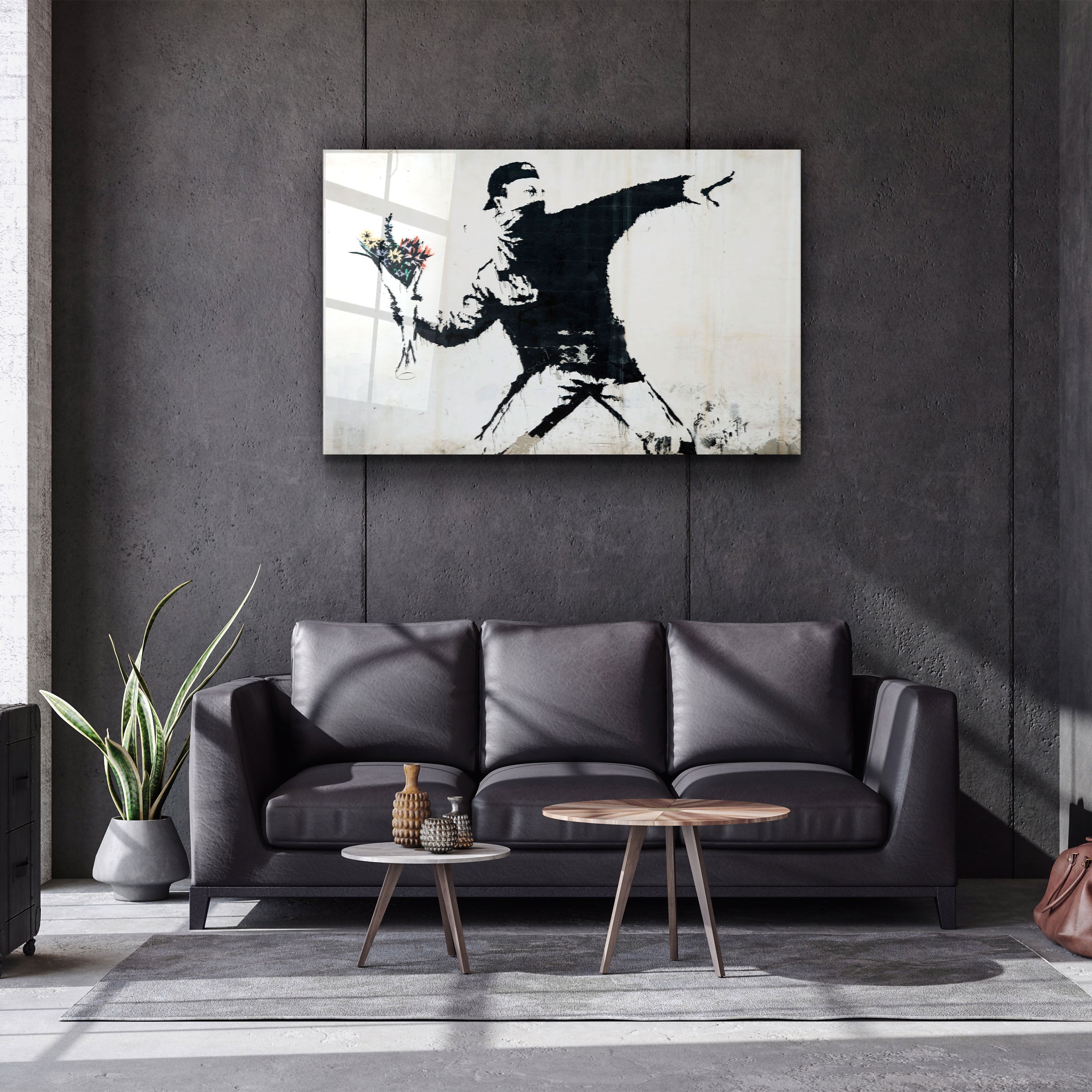 ・"Banksy - Rioter Throwing a Flower Bouquet"・Glass Wall Art