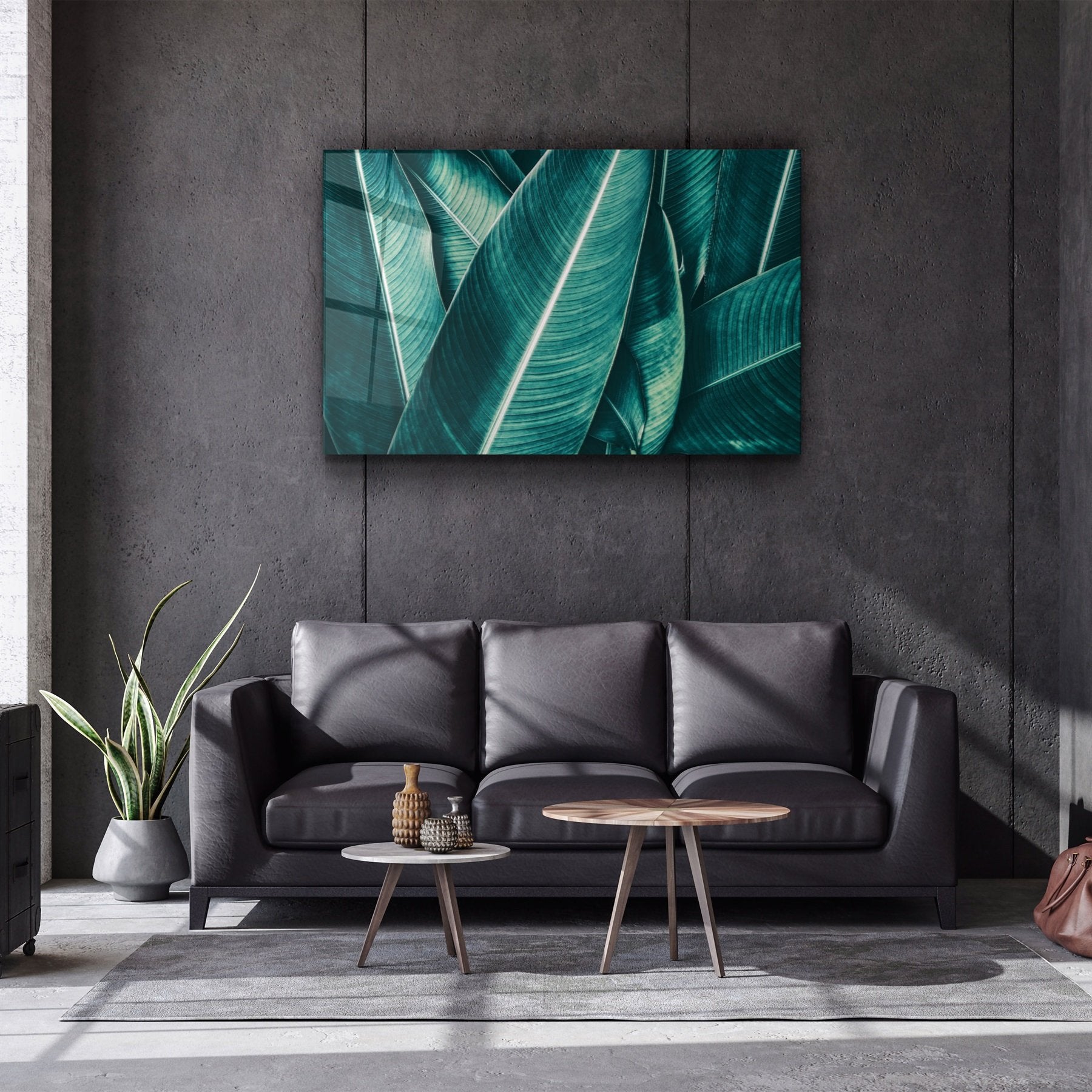 ・"Feuille tropicale verte 2"・Art mural en verre